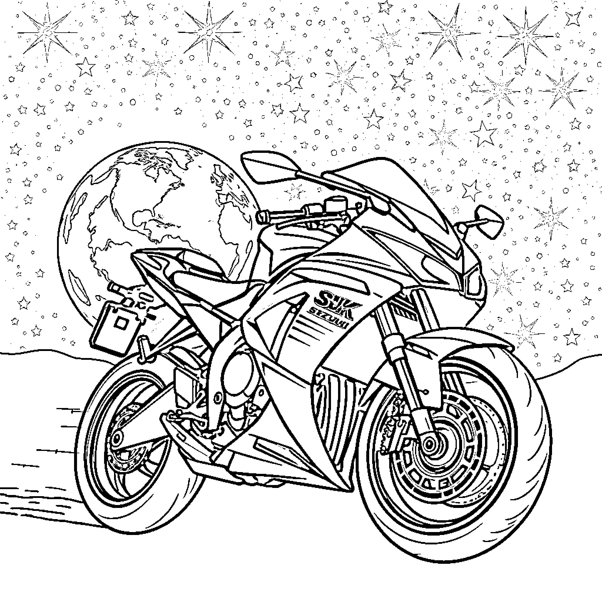 Suzuki Motorcycle Journey Through the Galaxy Coloring Page (free black-and-white line drawing printable PDF for all, from beginners to advanced learners, including children, teens, adults, and seniors)