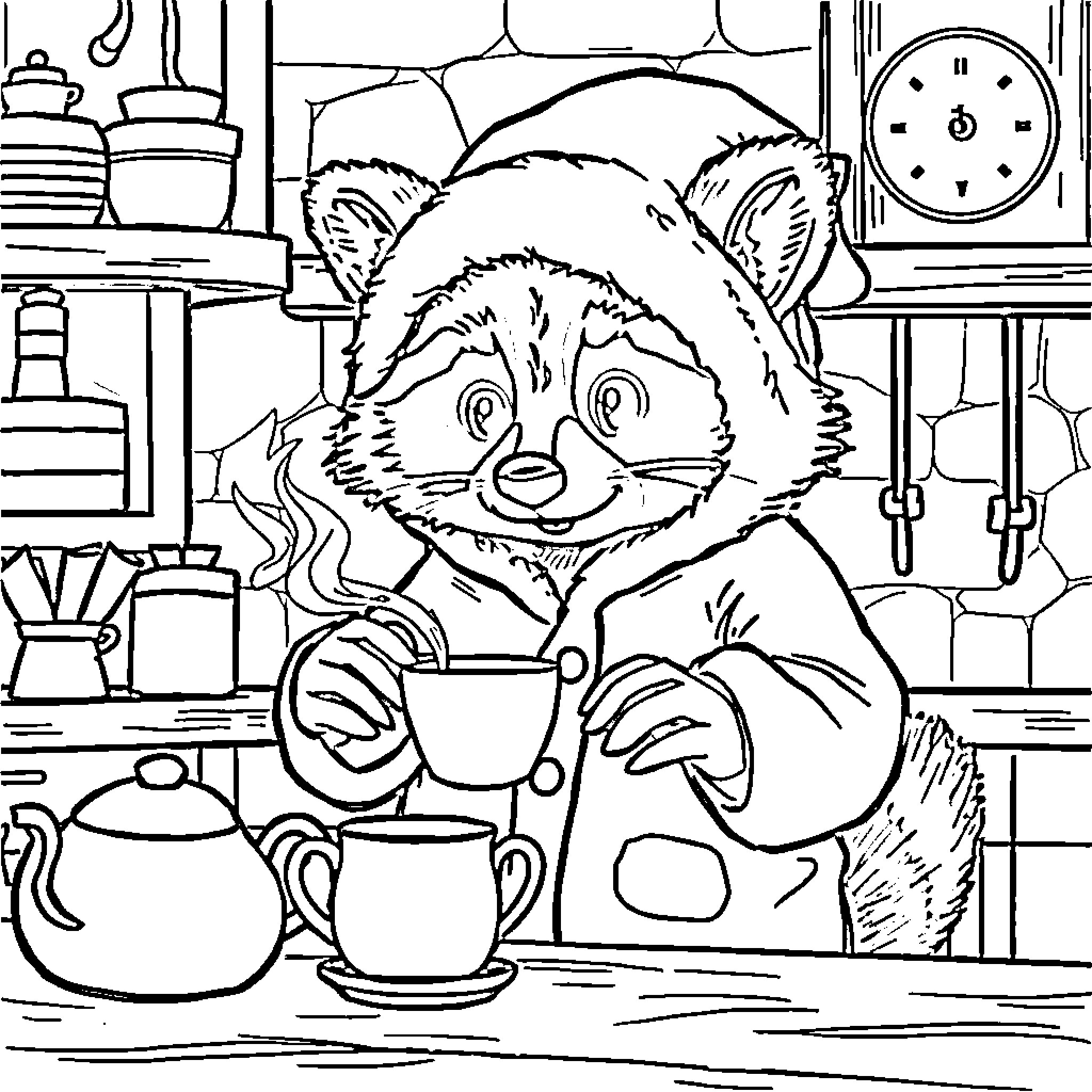 Raccoon enjoying a cozy tea time in the kitchen Coloring Page (free black-and-white line drawing printable PDF for all, from beginners to advanced learners, including children, teens, adults, and seniors)
