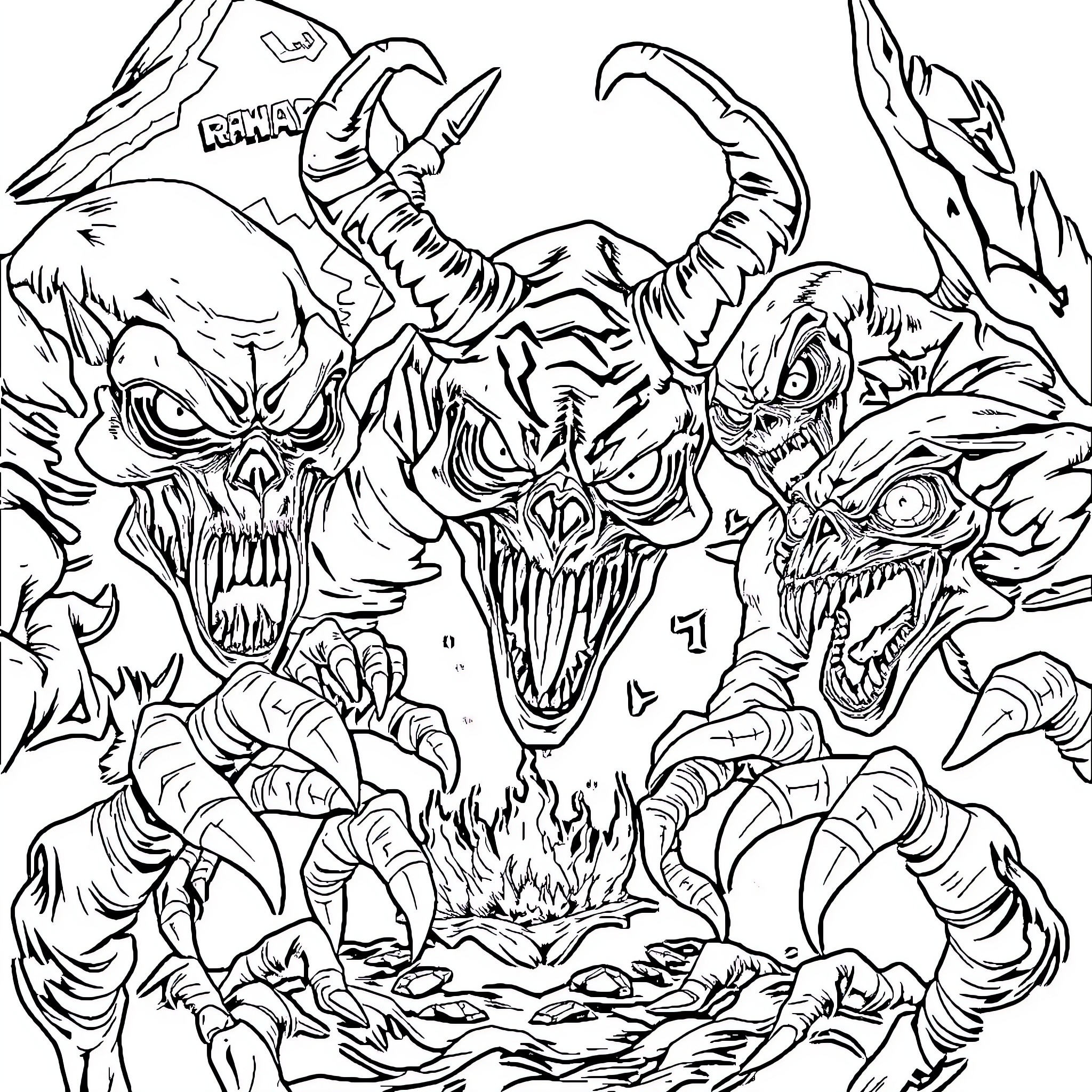 Monster Demons Unleashing Chaos Coloring Page (free black-and-white line drawing printable PDF for all, from beginners to advanced learners, including children, teens, adults, and seniors)
