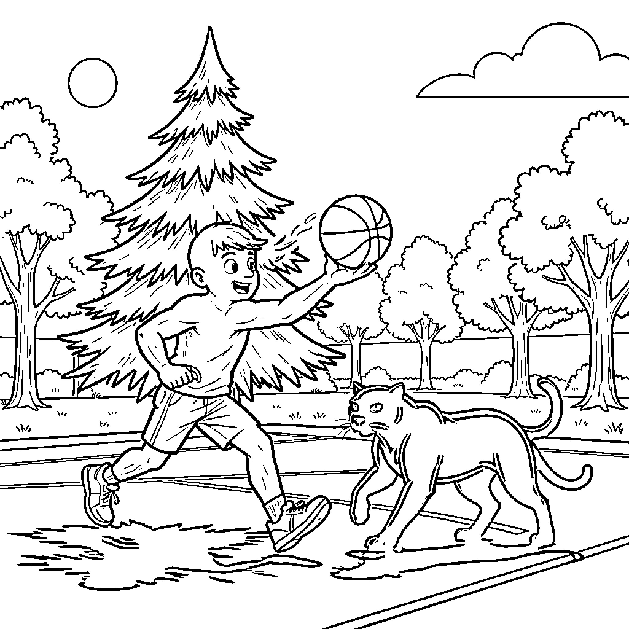 Evergreen Tree Outdoor Basketball Game with Pet Coloring Page (free black-and-white line drawing printable PDF for all, from beginners to advanced learners, including children, teens, adults, and seniors)