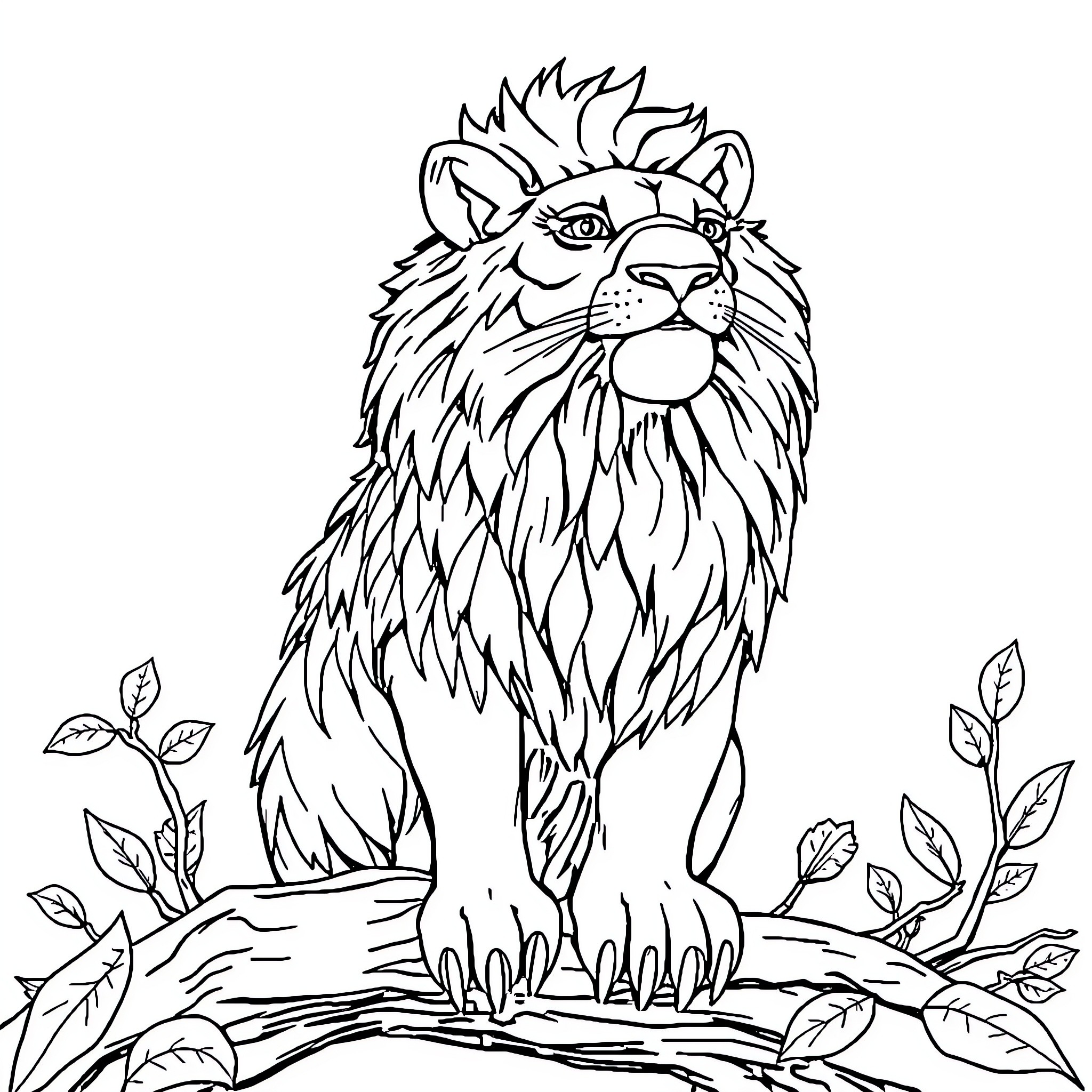 Singa the Majestic Lion in the Wilderness Coloring Page (free black-and-white line drawing printable PDF for all, from beginners to advanced learners, including children, teens, adults, and seniors)