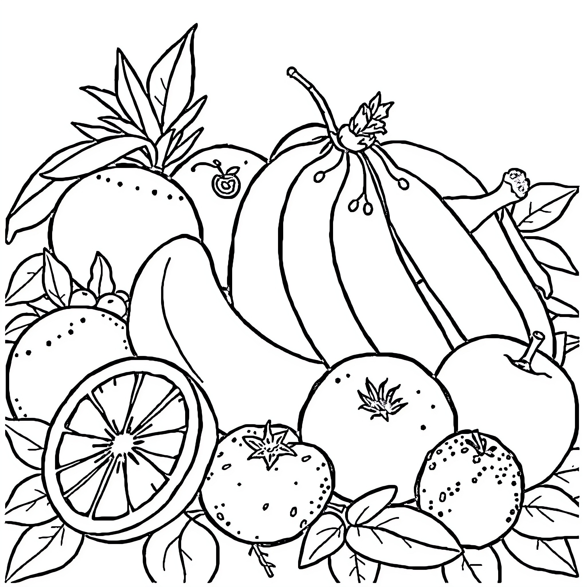 Fruit Still Life with Vibrant Foliage Coloring Page (free black-and-white line drawing printable PDF for all, from beginners to advanced learners, including children, teens, adults, and seniors)