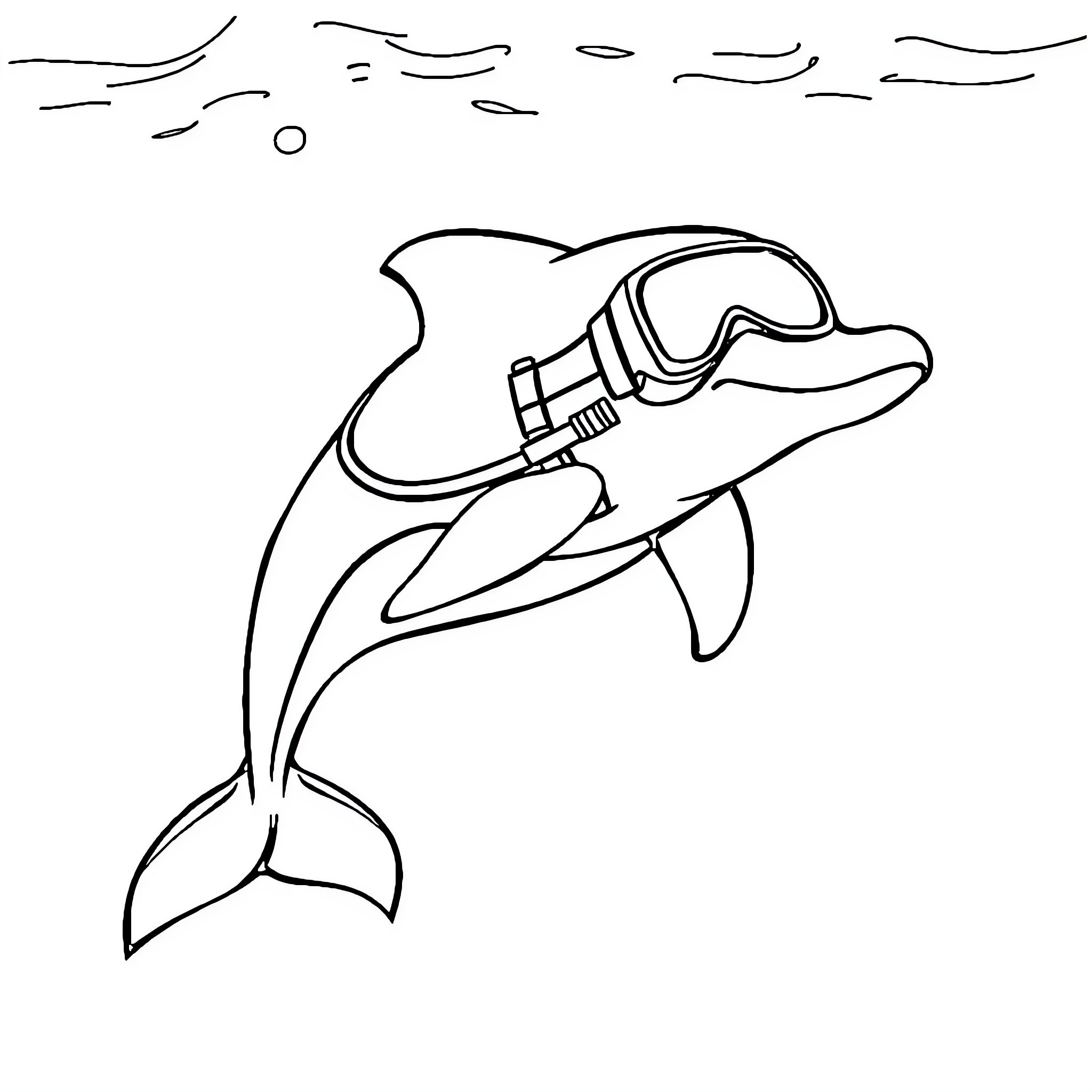 Dolphin wearing scuba gear swimming underwater Coloring Page (free black-and-white line drawing printable PDF for all, from beginners to advanced learners, including children, teens, adults, and seniors)