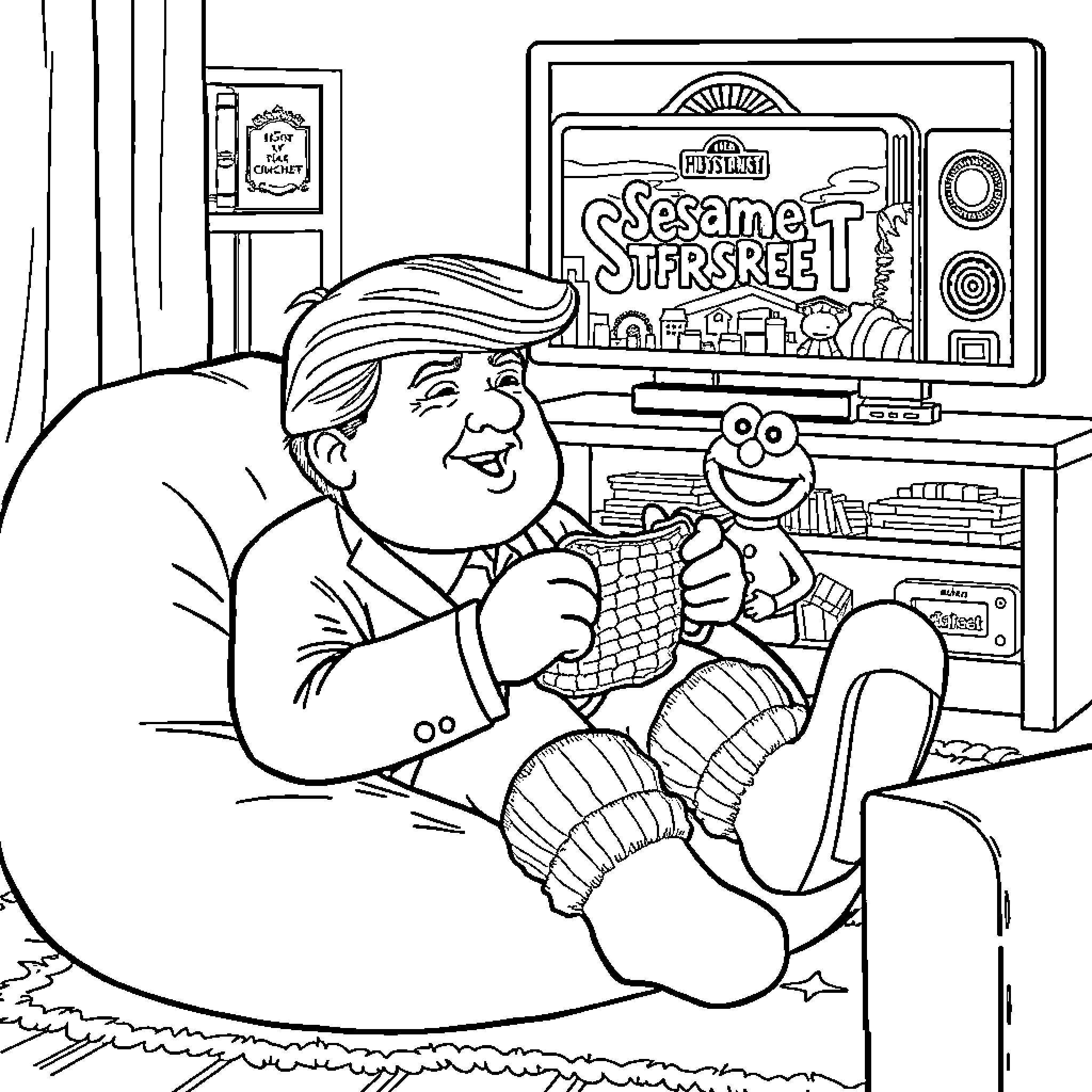 Trump enjoys watching Sesame Street Coloring Page (free black-and-white line drawing printable PDF for all, from beginners to advanced learners, including children, teens, adults, and seniors)
