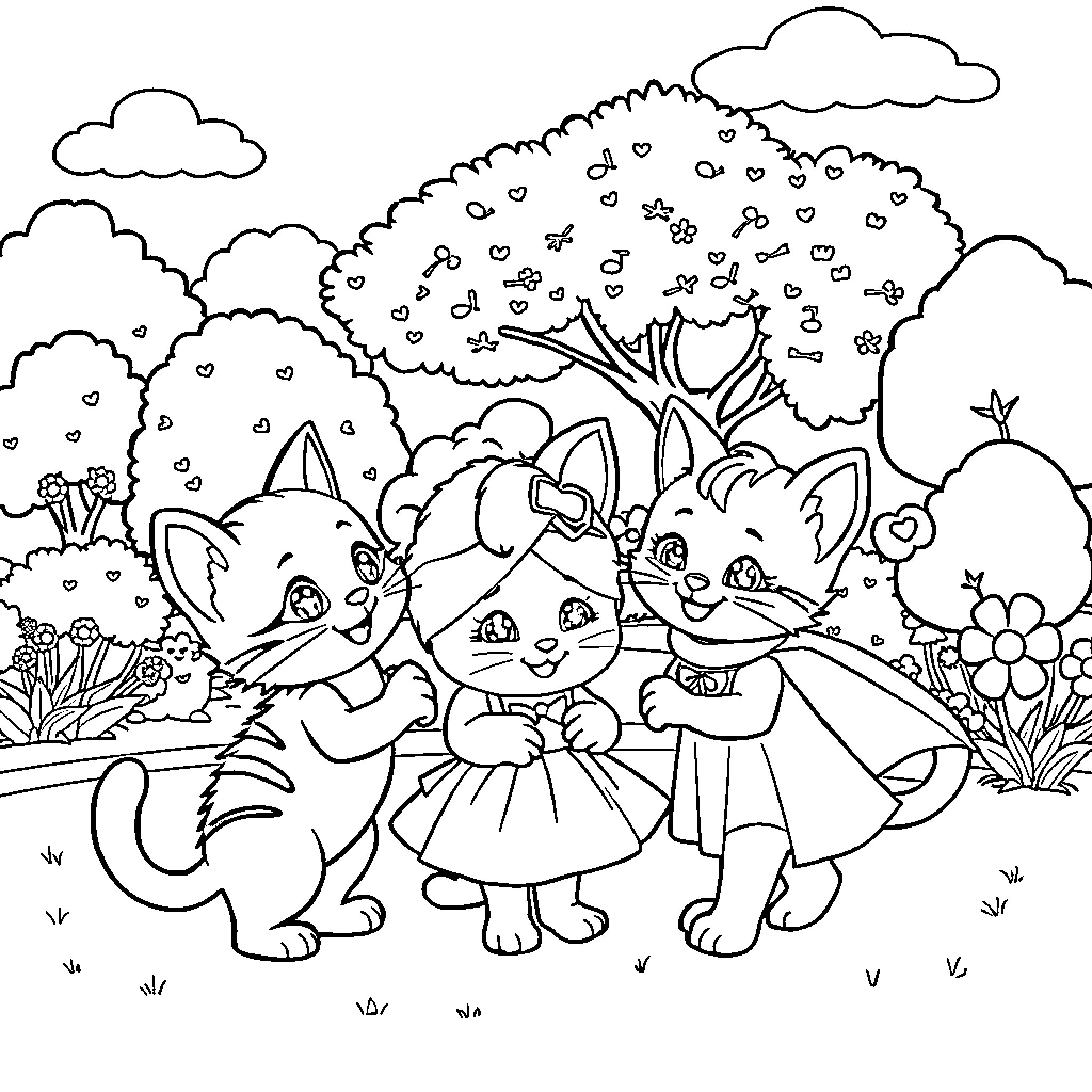 Superkitties explore the enchanted forest Coloring Page (free black-and-white line drawing printable PDF for all, from beginners to advanced learners, including children, teens, adults, and seniors)