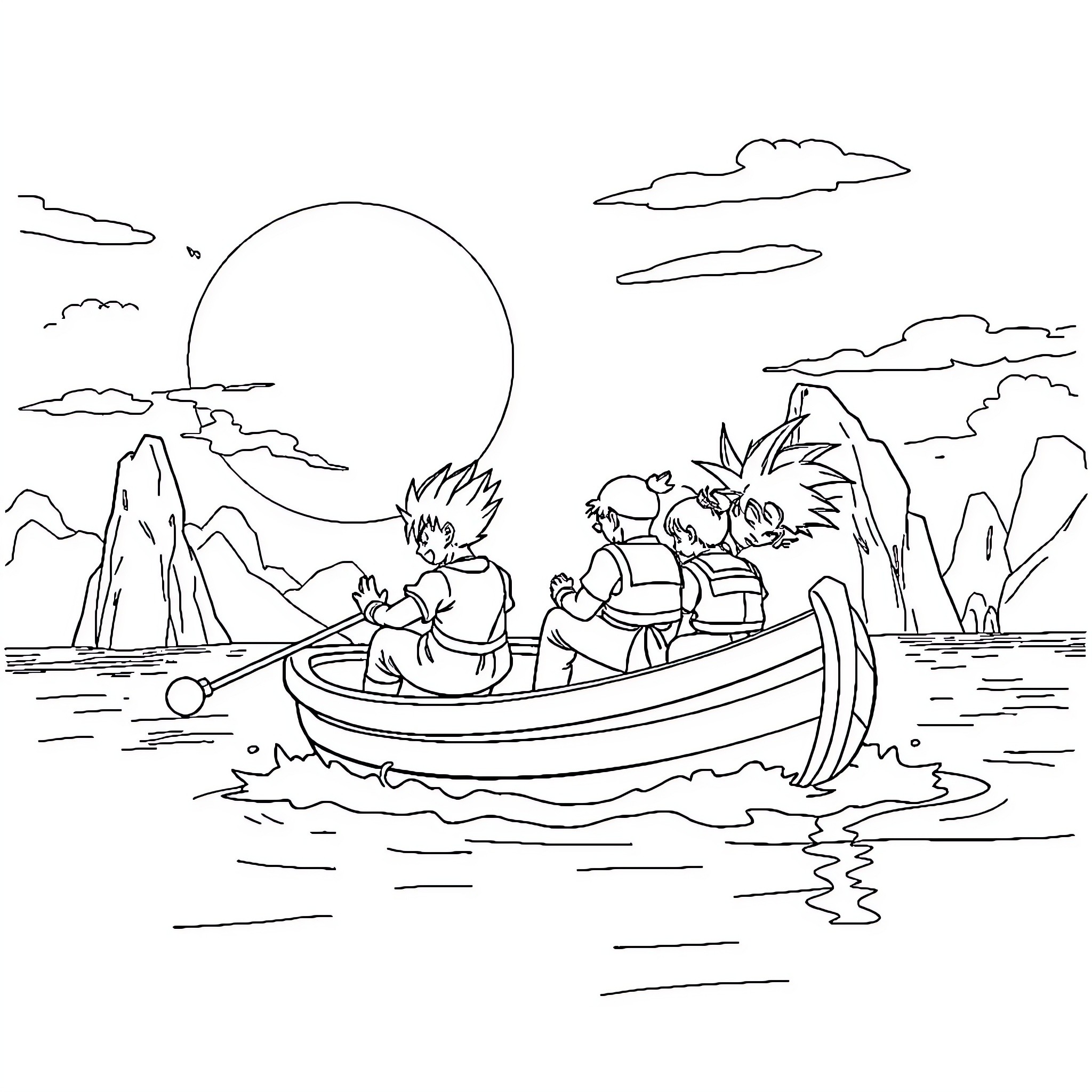 Dragon Ball Z characters in a boat on the water Coloring Page (free black-and-white line drawing printable PDF for all, from beginners to advanced learners, including children, teens, adults, and seniors)