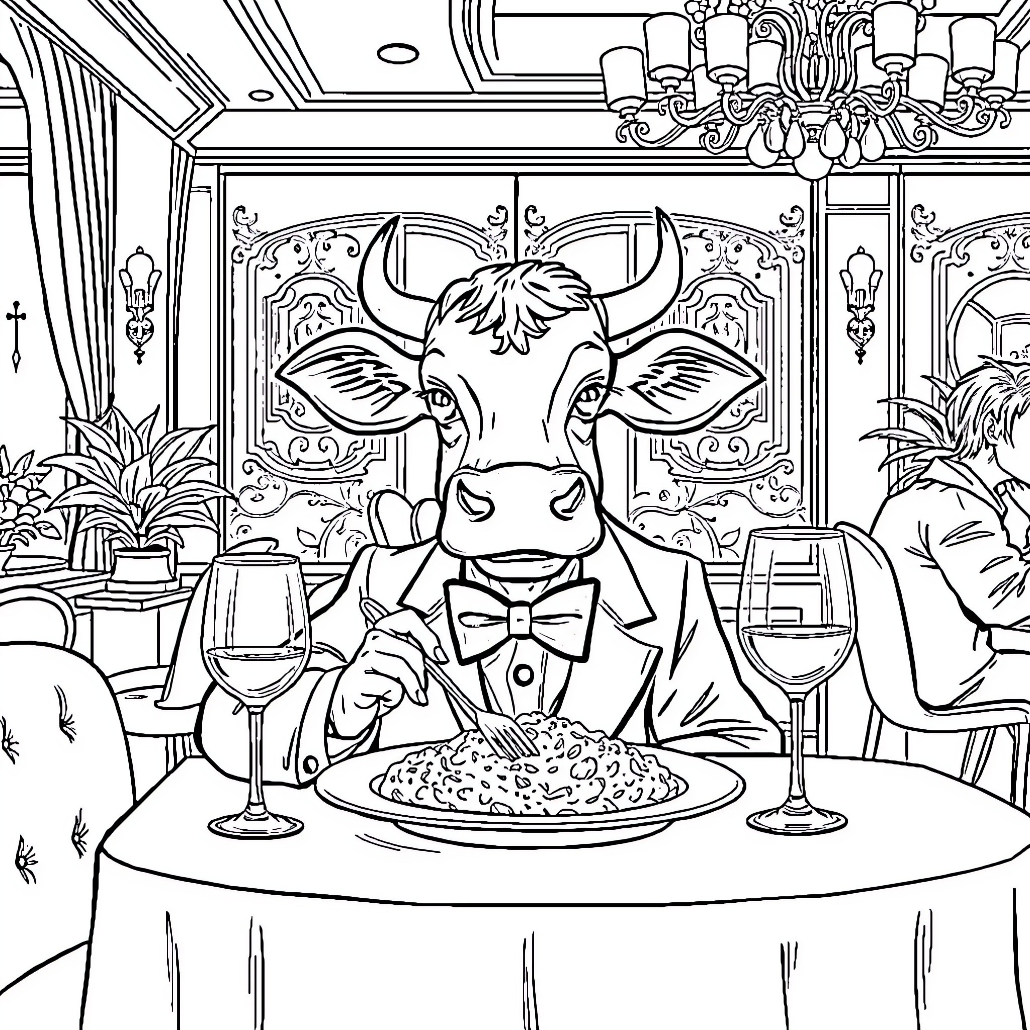 Cow dressed up enjoying a fancy dinner Coloring Page (free black-and-white line drawing printable PDF for all, from beginners to advanced learners, including children, teens, adults, and seniors)