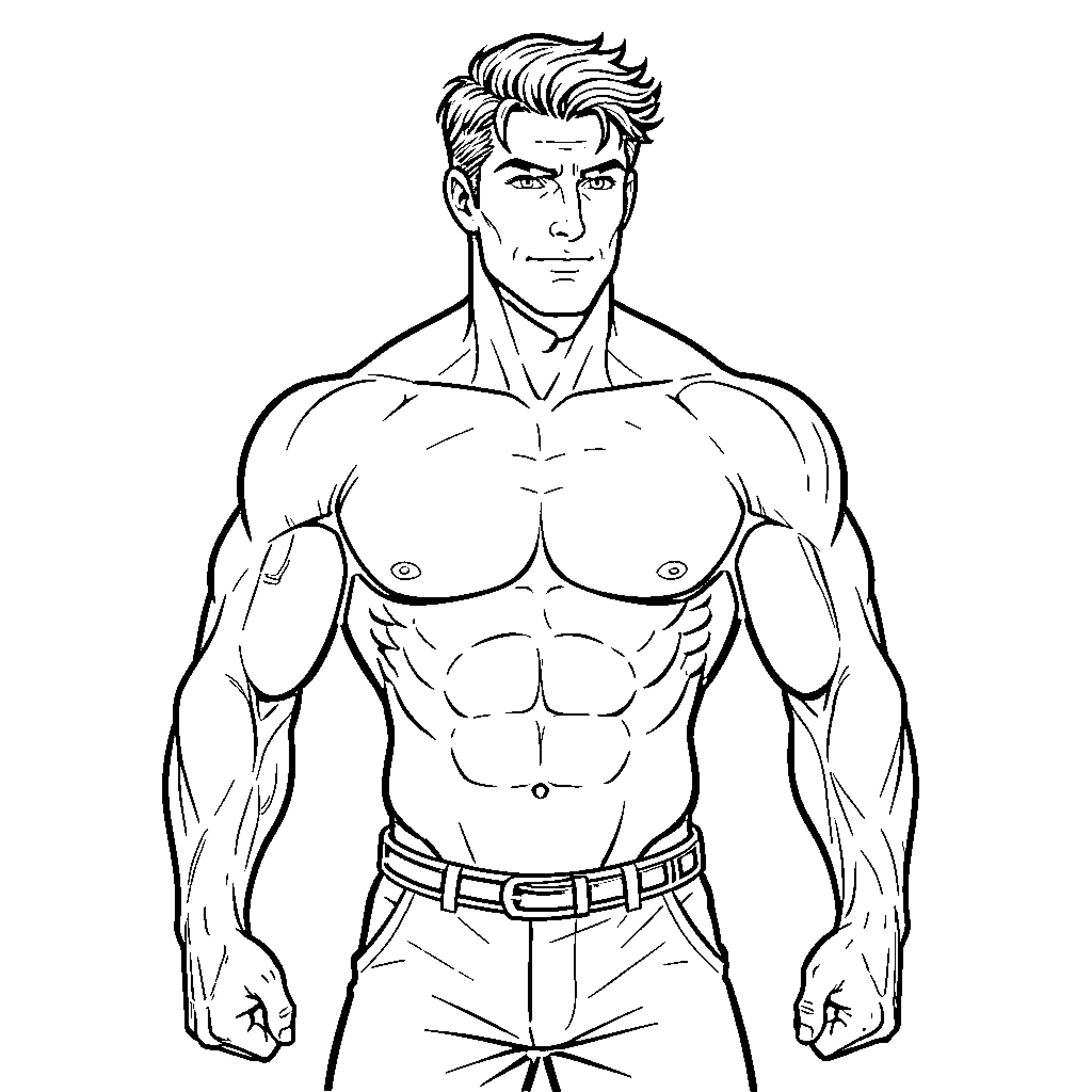 Muscle man posing with a confident expression Coloring Page (free black-and-white line drawing printable PDF for all, from beginners to advanced learners, including children, teens, adults, and seniors)
