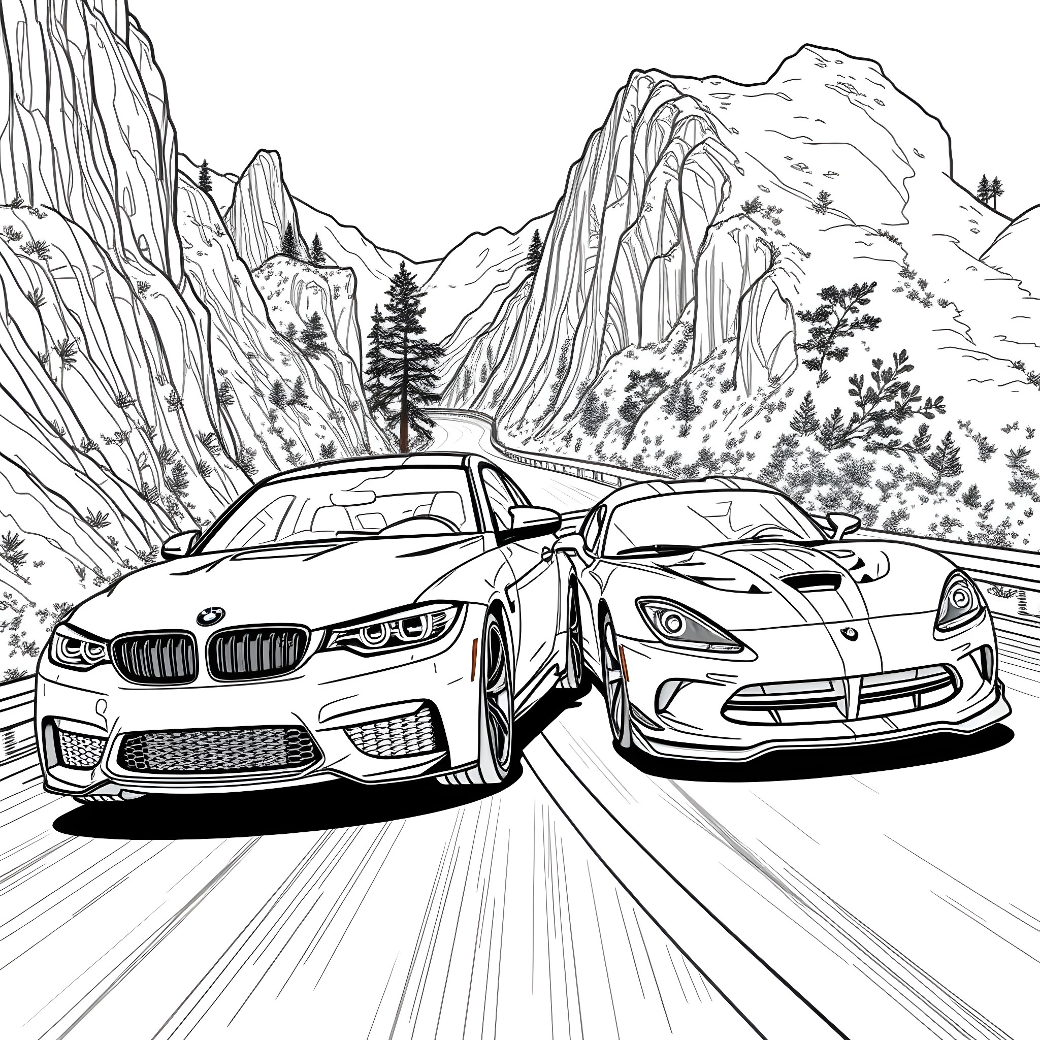 Cars speeding through mountain landscape Coloring Page (free black-and-white line drawing printable PDF for all, from beginners to advanced learners, including children, teens, adults, and seniors)