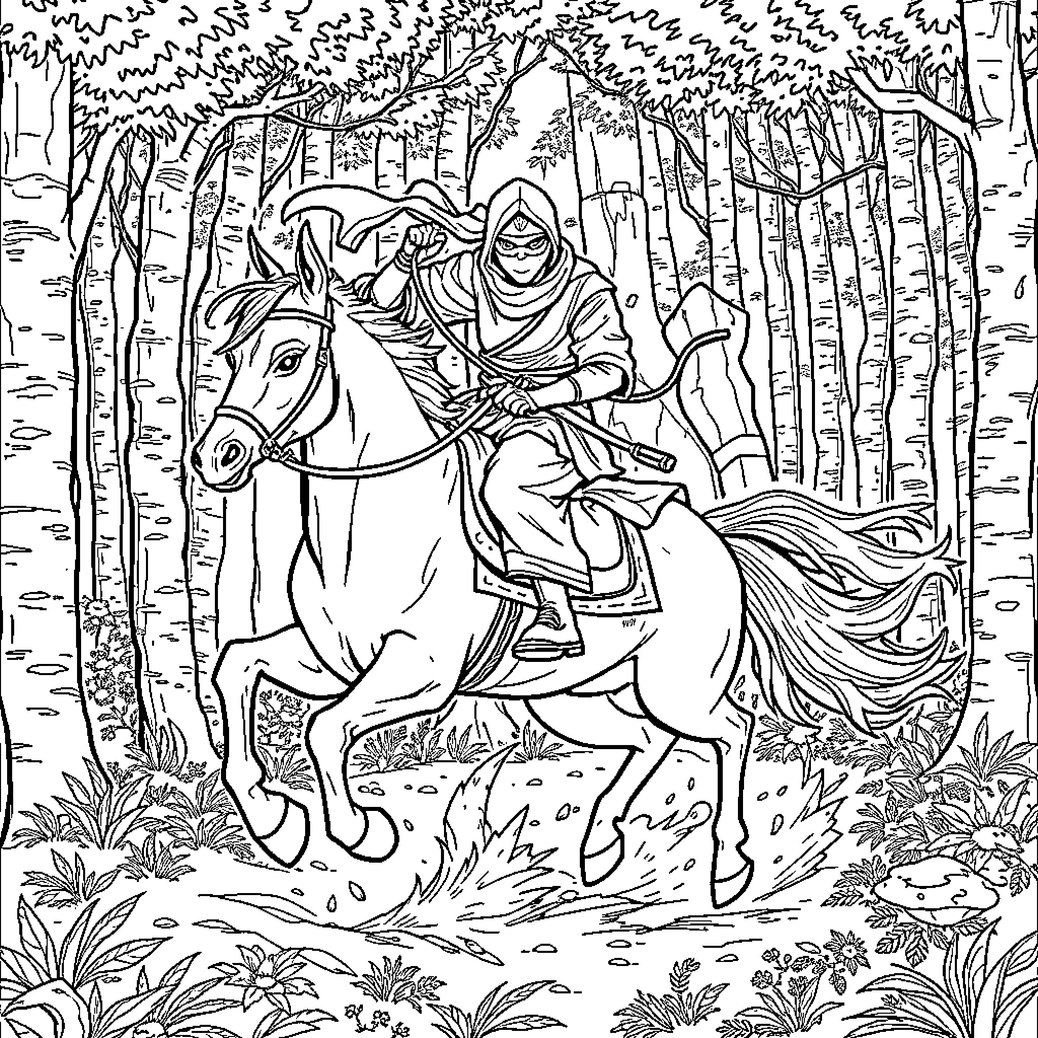 Ninja riding through the mystical forest Coloring Page (free black-and-white line drawing printable PDF for all, from beginners to advanced learners, including children, teens, adults, and seniors)