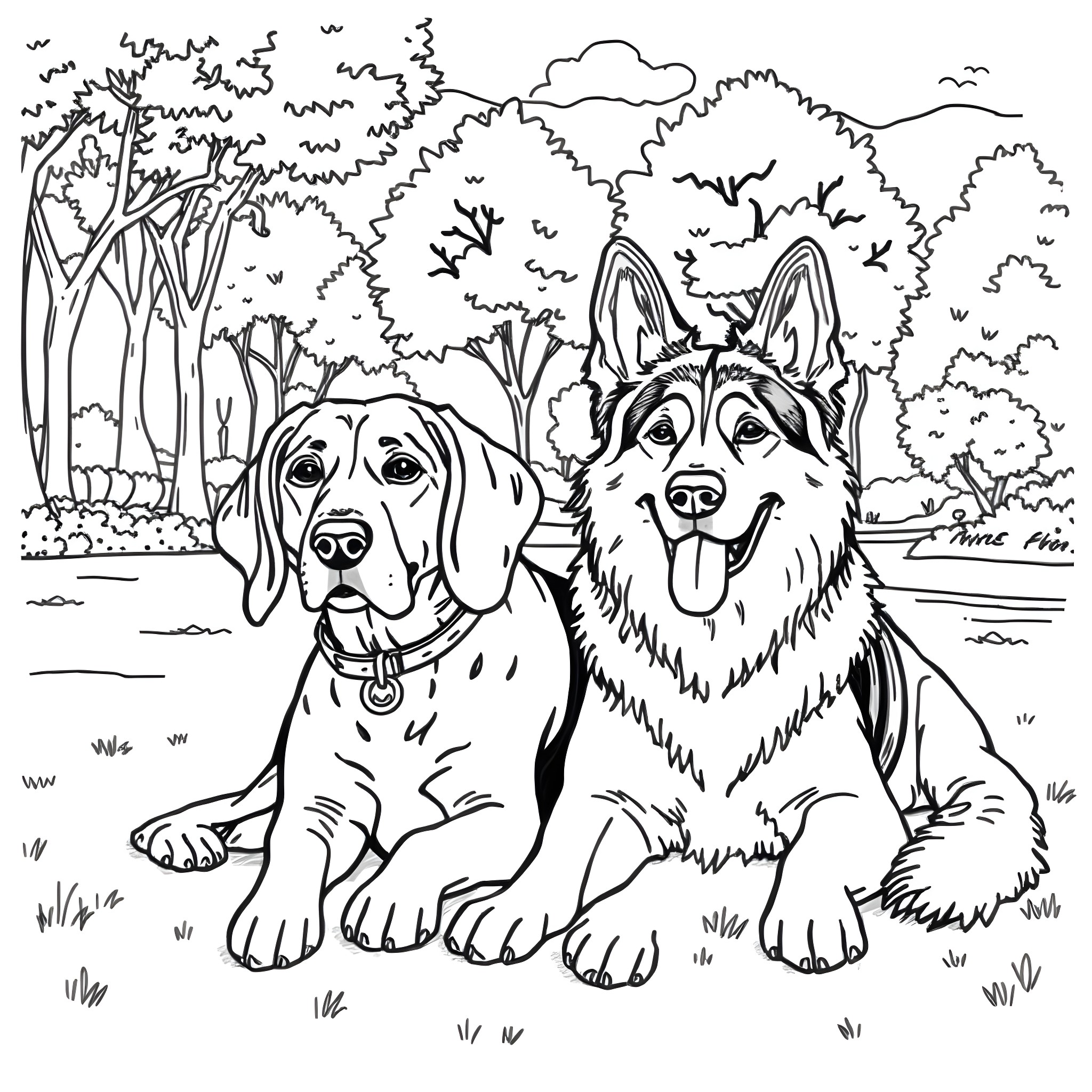 Dogs playing happily in the forest Coloring Page (free black-and-white line drawing printable PDF for all, from beginners to advanced learners, including children, teens, adults, and seniors)
