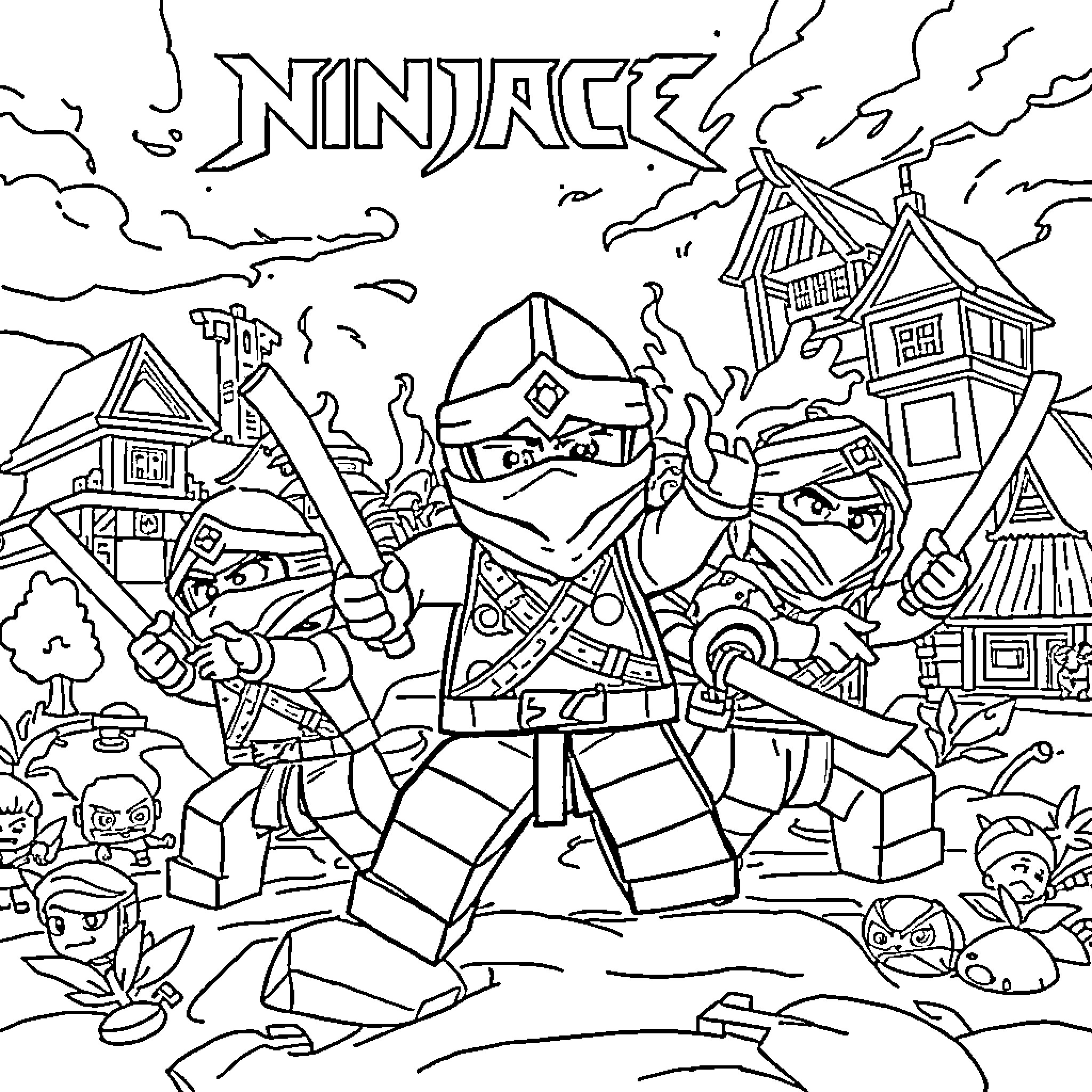 Ninjago heroes in action against villains Coloring Page (free black-and-white line drawing printable PDF for all, from beginners to advanced learners, including children, teens, adults, and seniors)