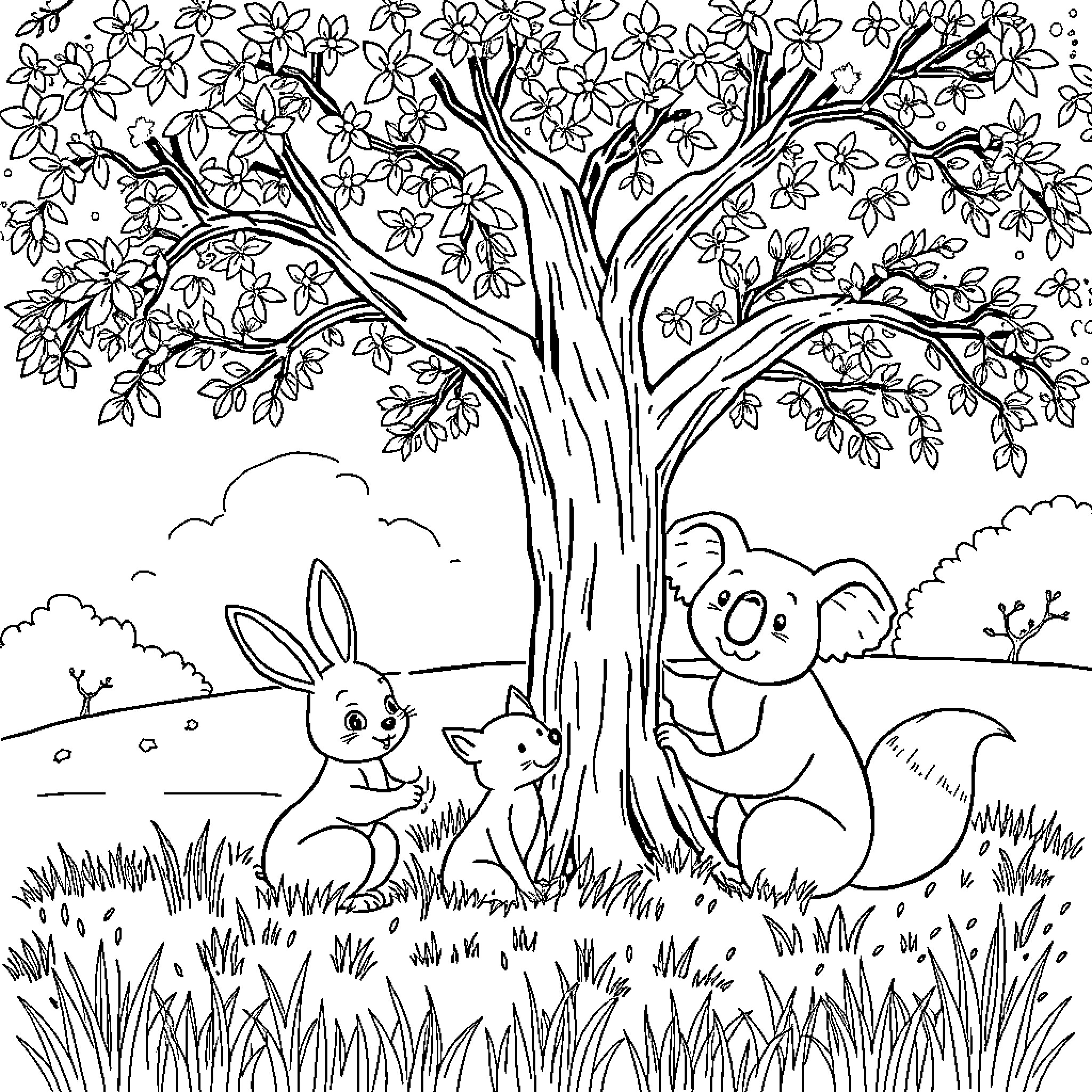 Bunny and Koala Relaxing under Blooming Tree Coloring Page (free black-and-white line drawing printable PDF for all, from beginners to advanced learners, including children, teens, adults, and seniors)