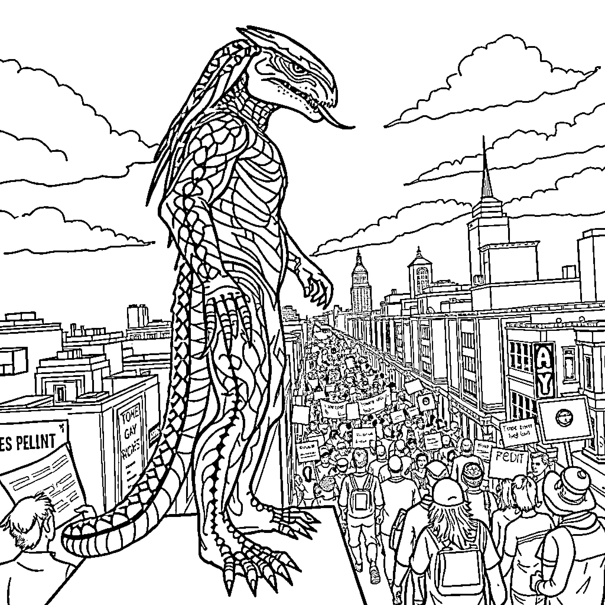 Predator dragon overlooking bustling city street Coloring Page (free black-and-white line drawing printable PDF for all, from beginners to advanced learners, including children, teens, adults, and seniors)