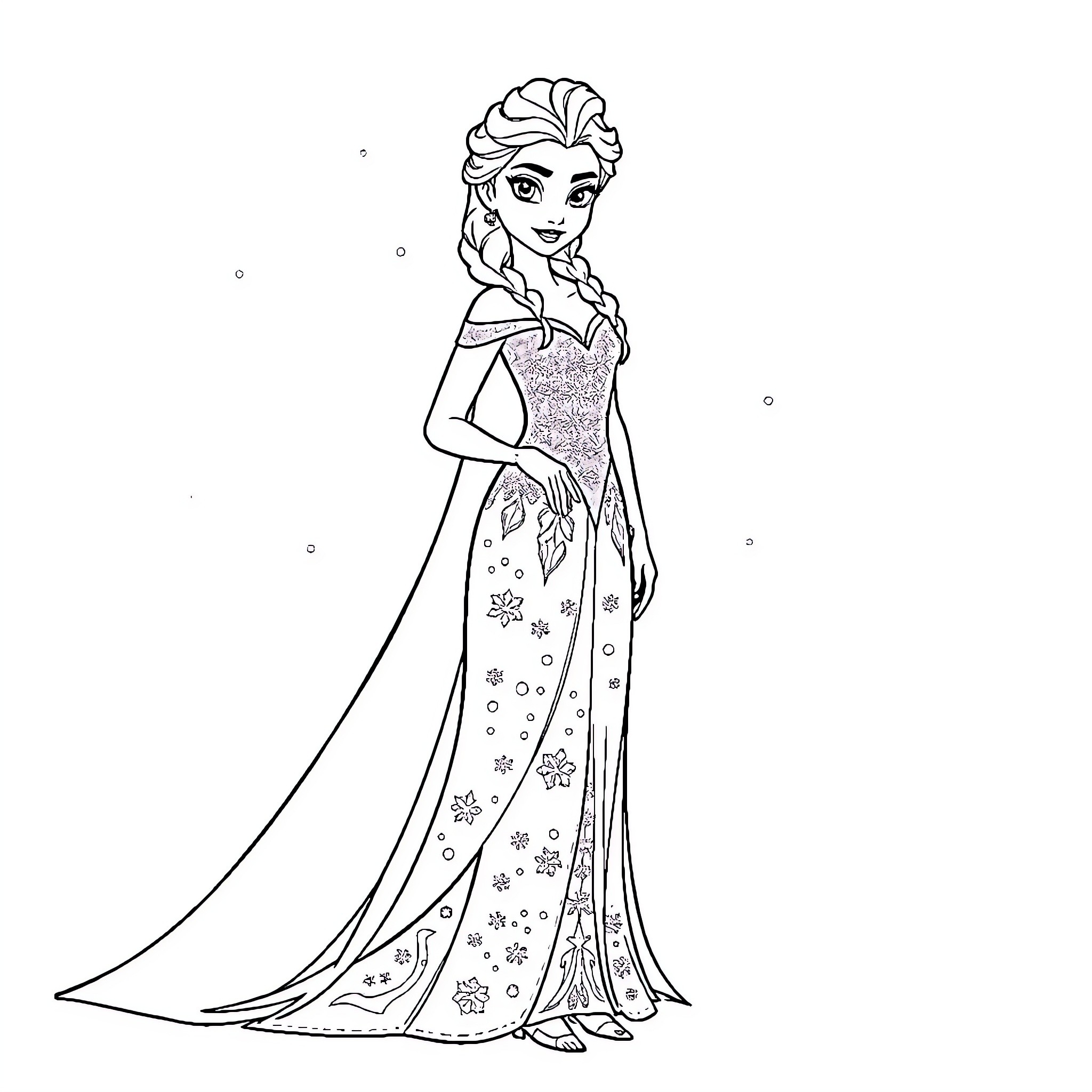 Elsa in Elegant Winter Gown Coloring Page (free black-and-white line drawing printable PDF for all, from beginners to advanced learners, including children, teens, adults, and seniors)