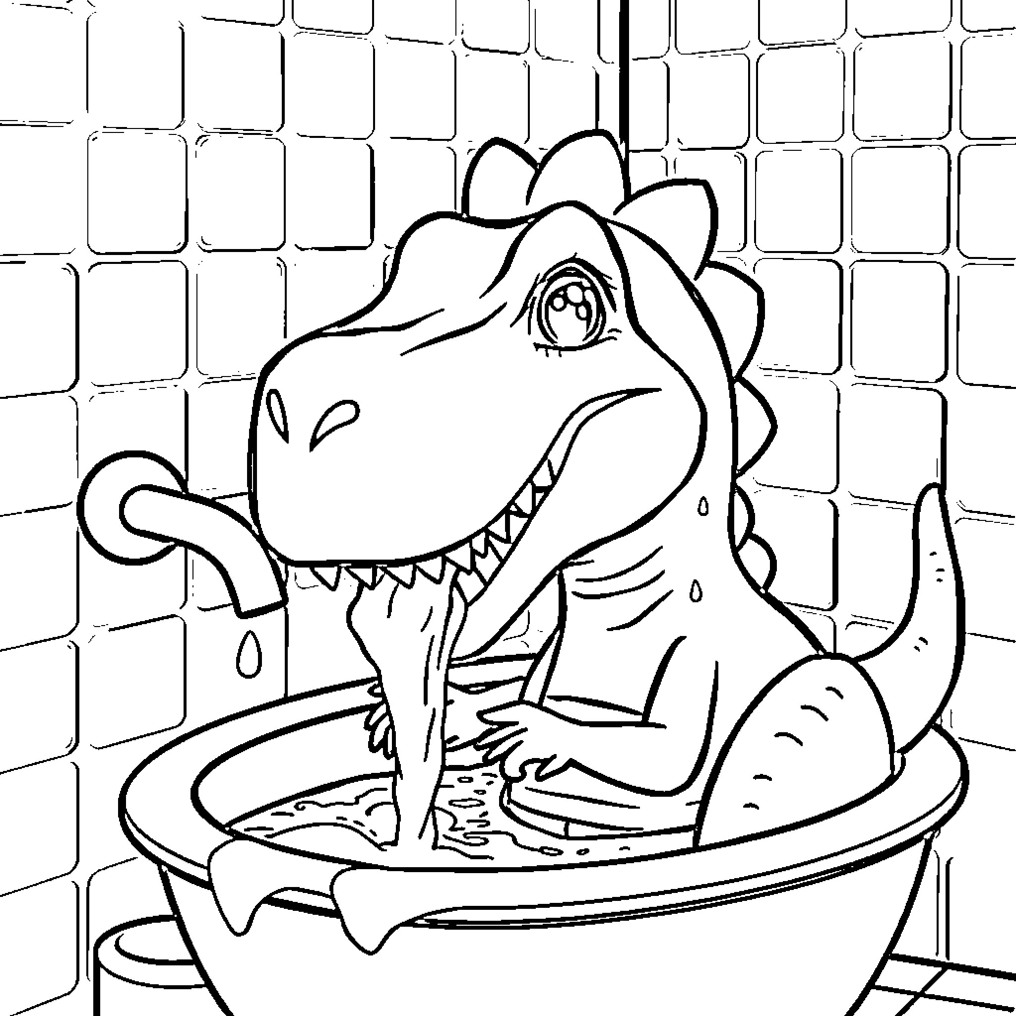 Dinosaur Taking a Relaxing Bath Coloring Page (free black-and-white line drawing printable PDF for all, from beginners to advanced learners, including children, teens, adults, and seniors)