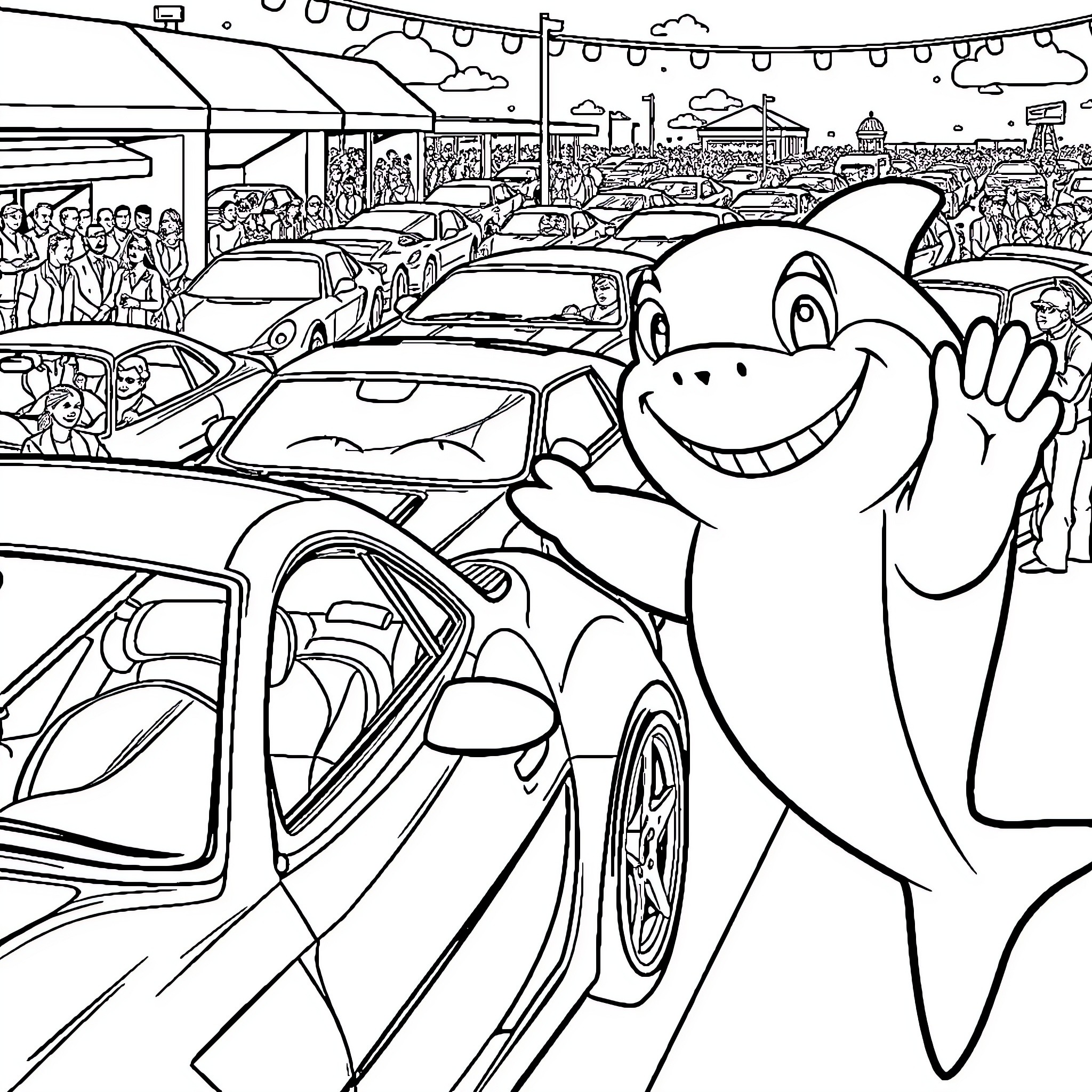 Shark character waving in a crowded city street Coloring Page (free black-and-white line drawing printable PDF for all, from beginners to advanced learners, including children, teens, adults, and seniors)