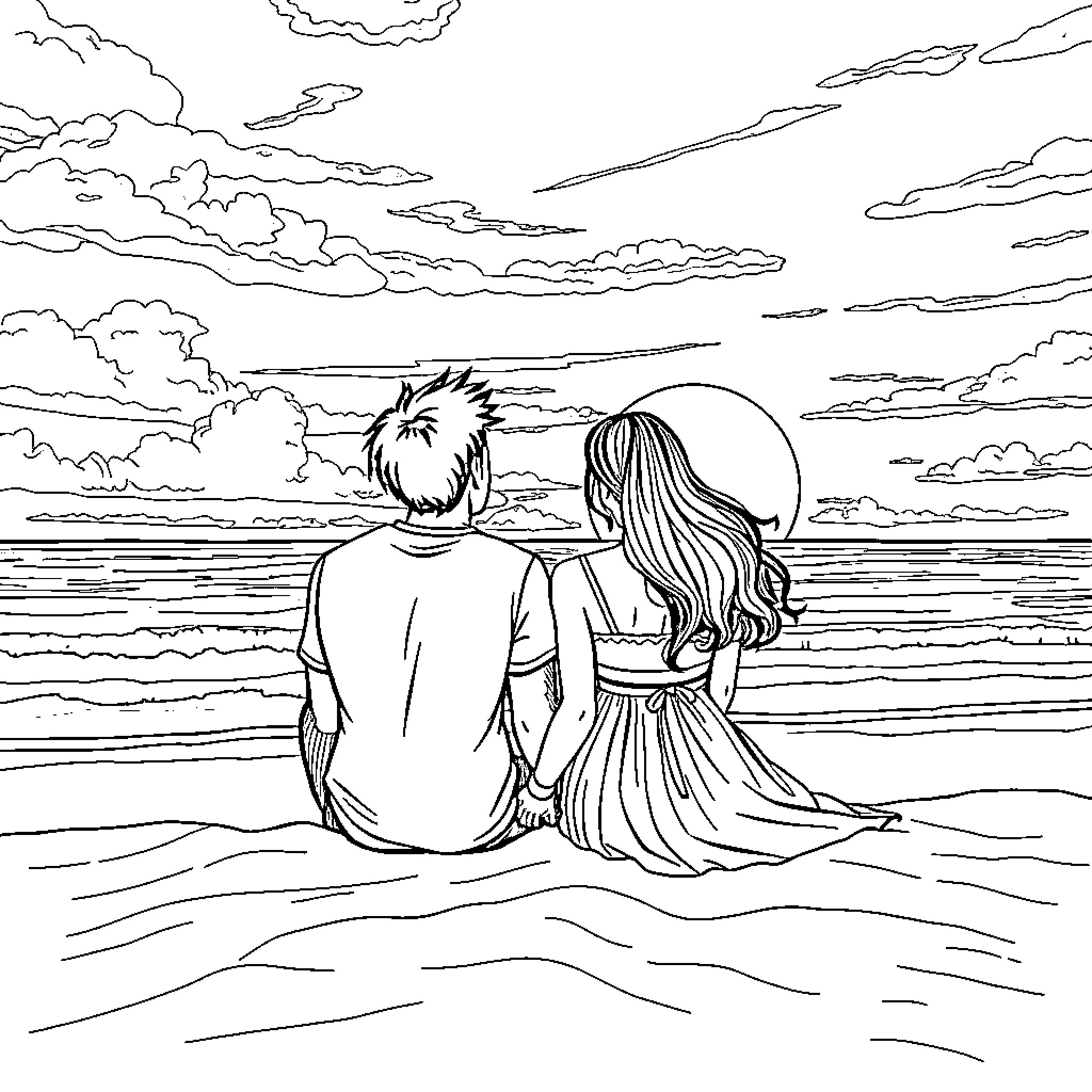Couple watching sunset on the beach Coloring Page (free black-and-white line drawing printable PDF for all, from beginners to advanced learners, including children, teens, adults, and seniors)