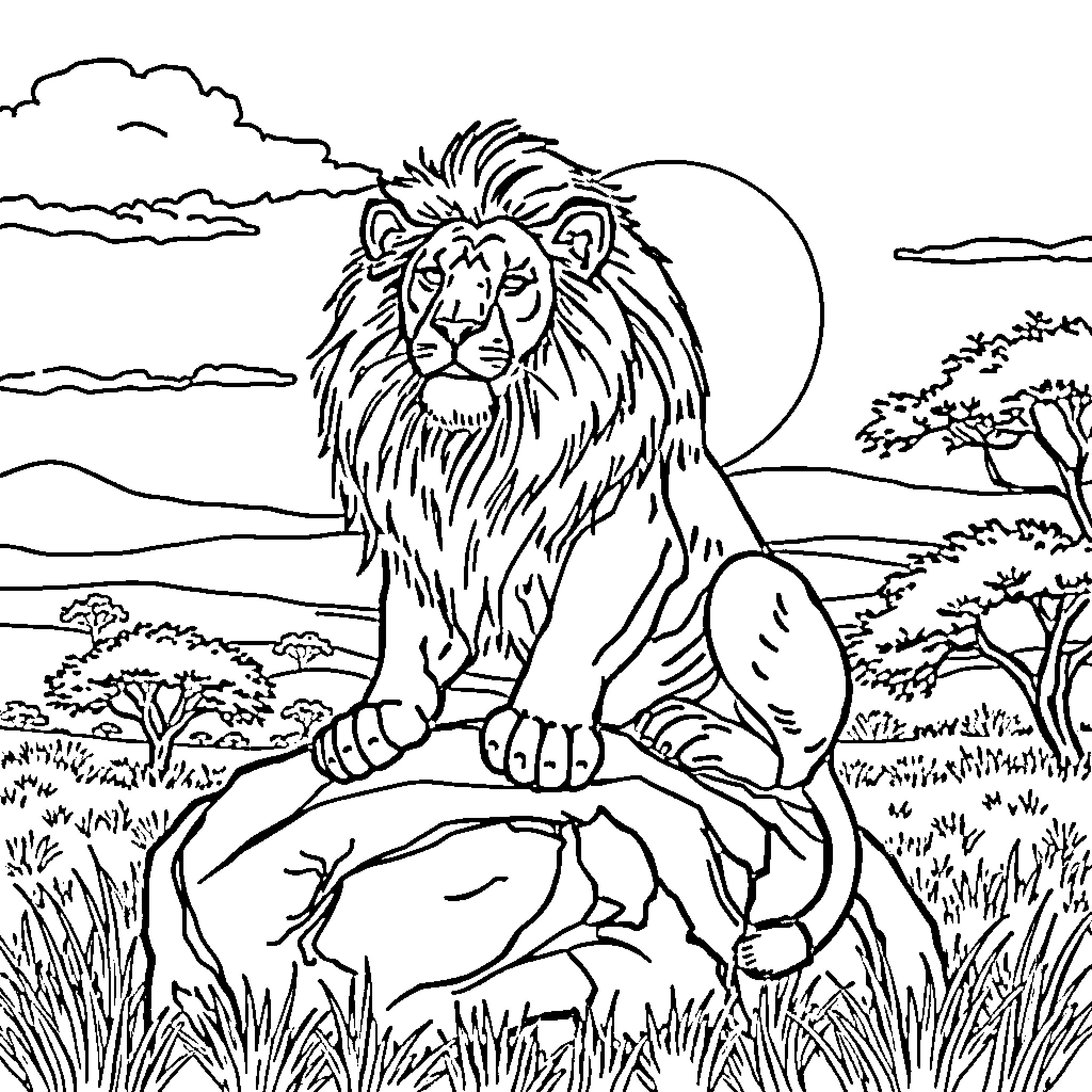 Lion sitting majestically in the savanna landscape Coloring Page (free black-and-white line drawing printable PDF for all, from beginners to advanced learners, including children, teens, adults, and seniors)