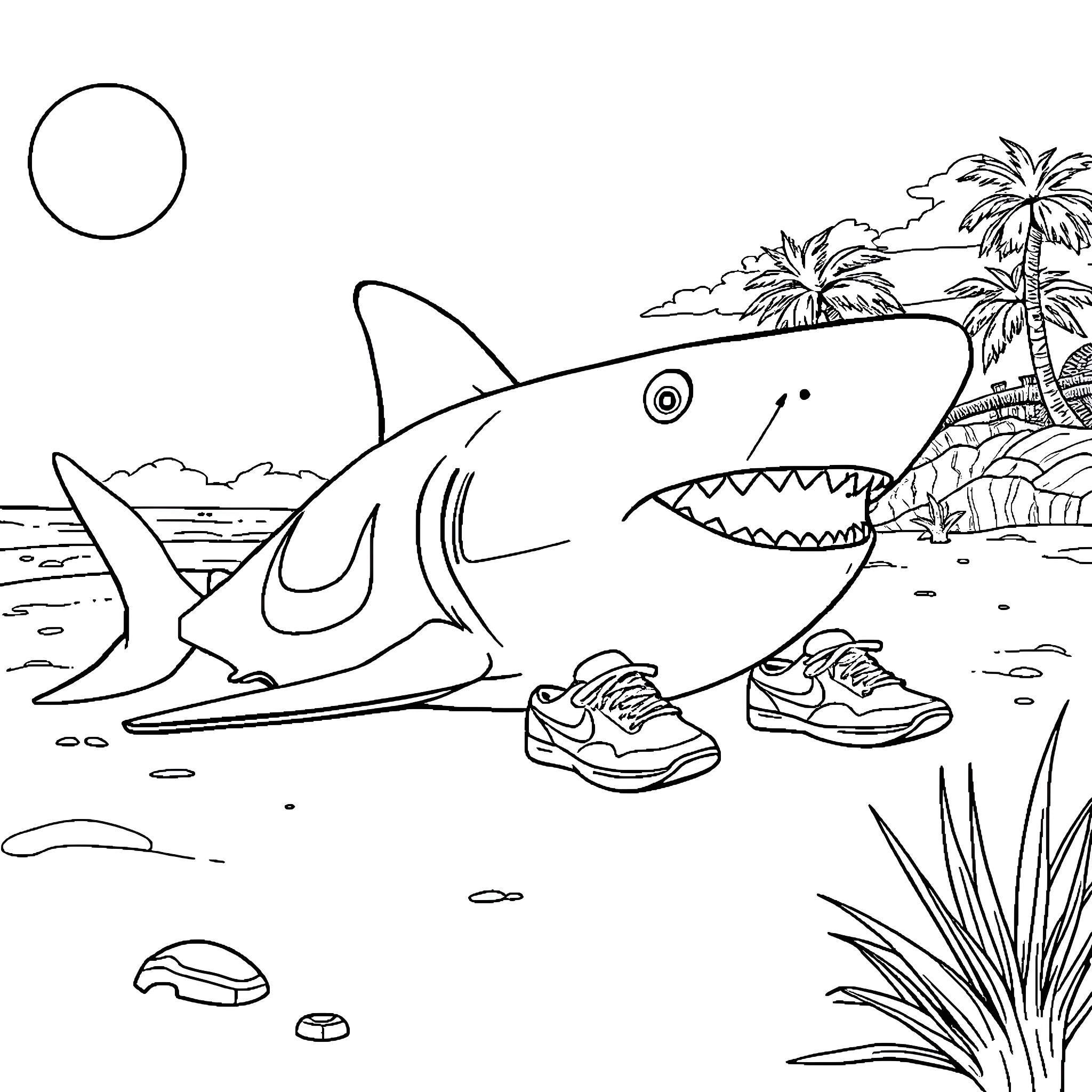 Shark swimming near the beach Coloring Page (free black-and-white line drawing printable PDF for all, from beginners to advanced learners, including children, teens, adults, and seniors)