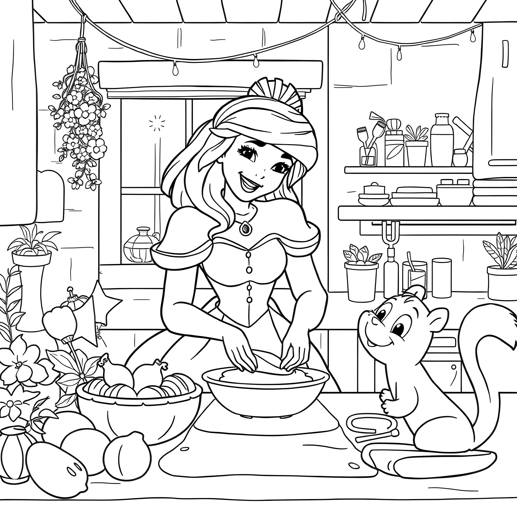 Disney Princess Cooking Happily in the Kitchen Coloring Page (free black-and-white line drawing printable PDF for all, from beginners to advanced learners, including children, teens, adults, and seniors)