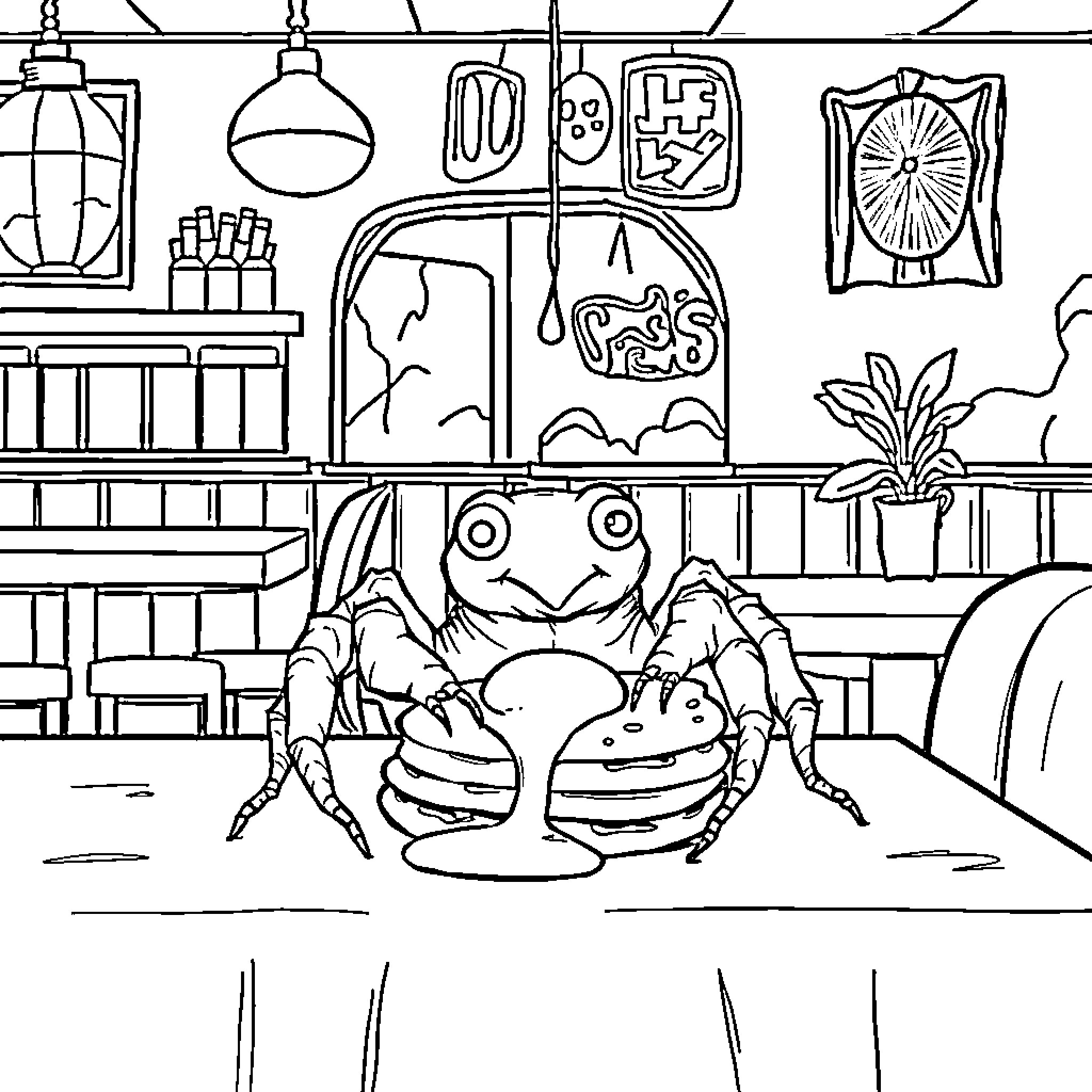 Spider-like creature enjoying snack in odd room Coloring Page (free black-and-white line drawing printable PDF for all, from beginners to advanced learners, including children, teens, adults, and seniors)
