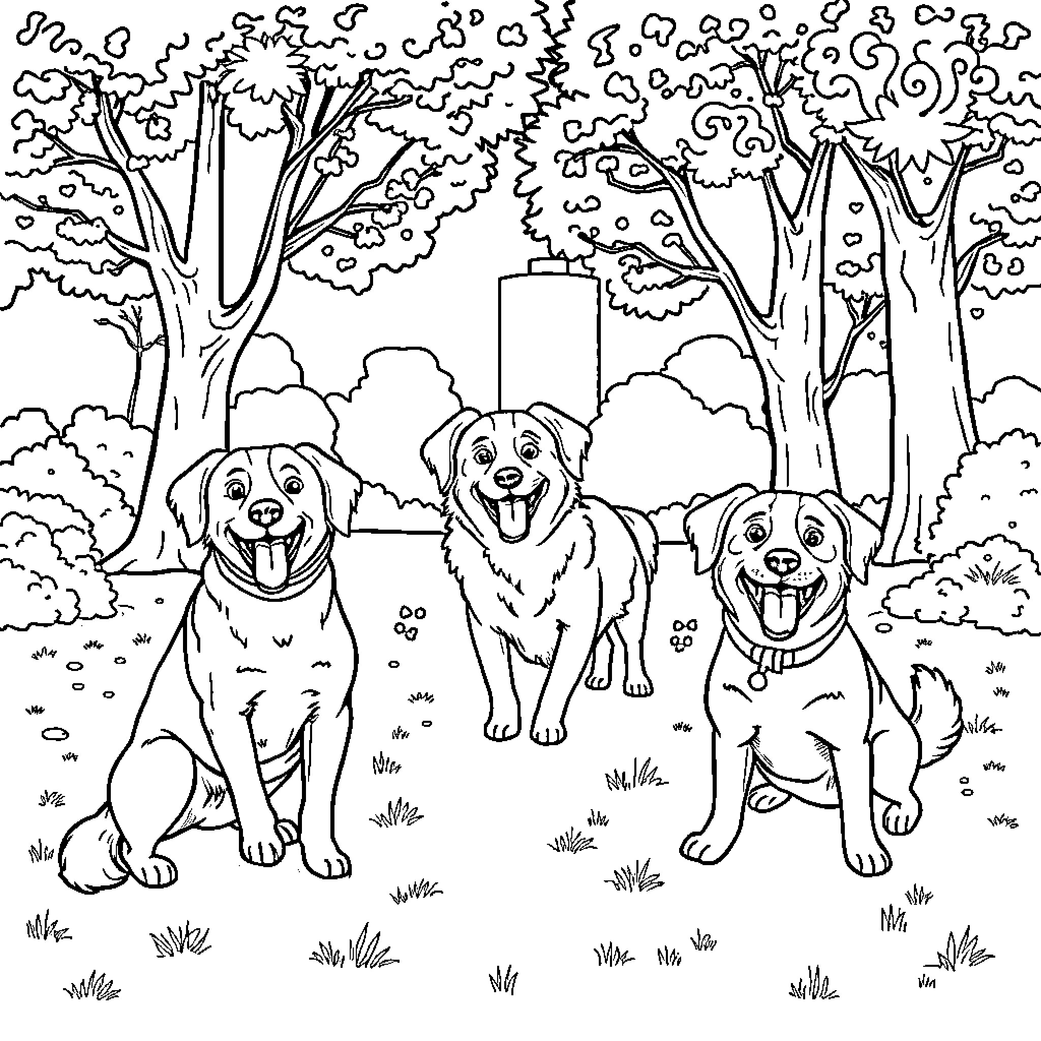 Dog Trio Enjoying Outdoor Adventure Coloring Page (free black-and-white line drawing printable PDF for all, from beginners to advanced learners, including children, teens, adults, and seniors)