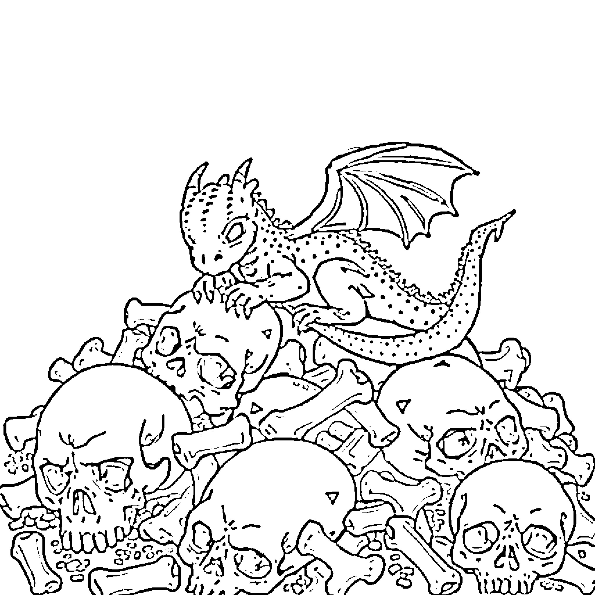 Babydragon playing with cute fantasy creatures Coloring Page (free black-and-white line drawing printable PDF for all, from beginners to advanced learners, including children, teens, adults, and seniors)