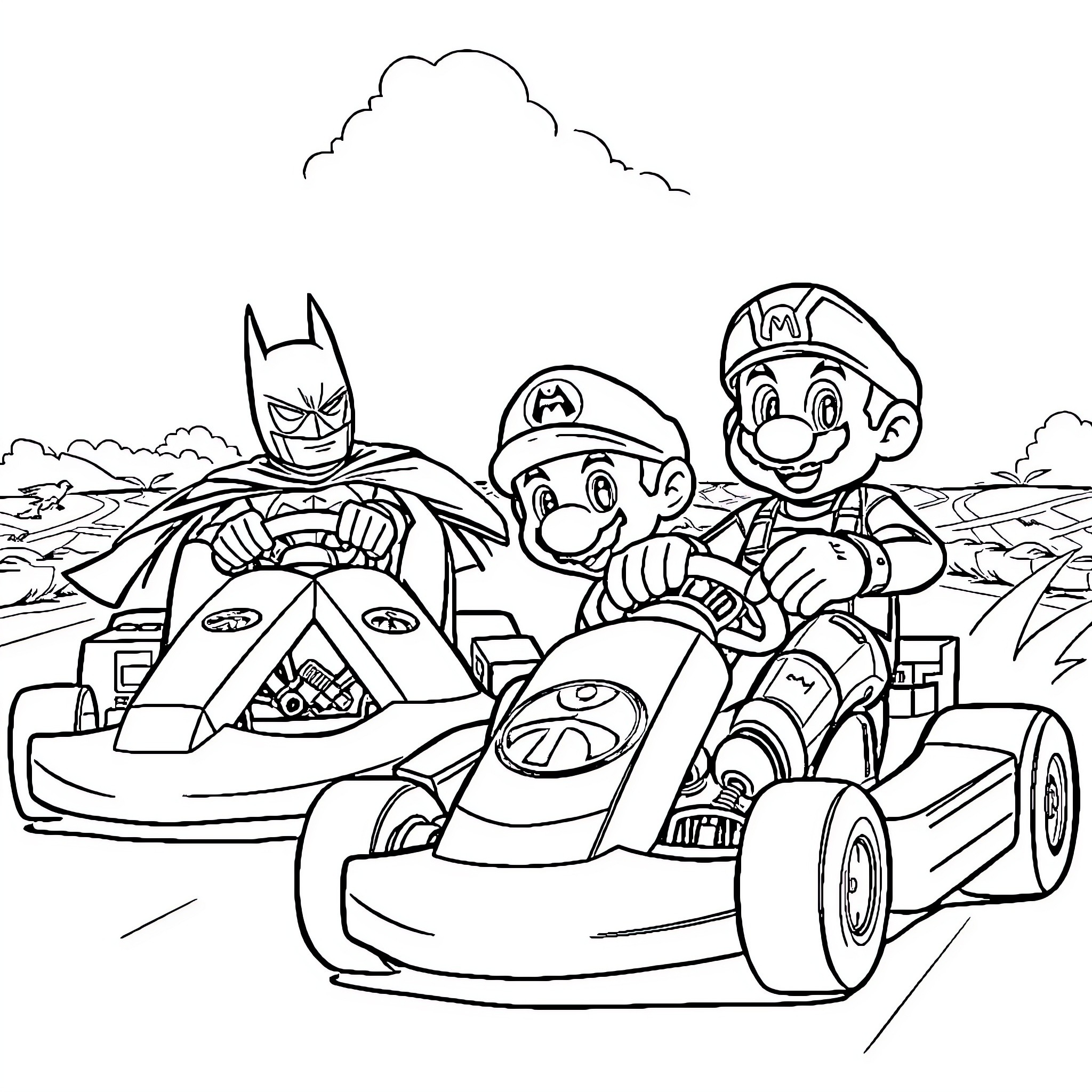 Superhero characters racing in go-karts Coloring Page (free black-and-white line drawing printable PDF for all, from beginners to advanced learners, including children, teens, adults, and seniors)