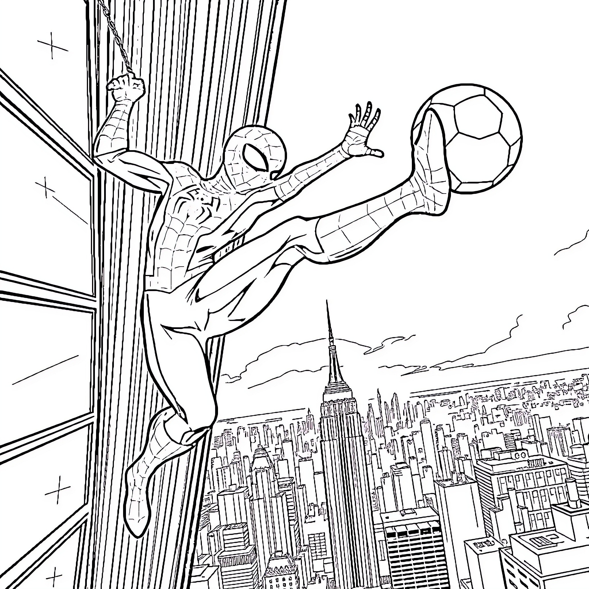 Spiderman swinging through the city with a soccer ball Coloring Page (free black-and-white line drawing printable PDF for all, from beginners to advanced learners, including children, teens, adults, and seniors)