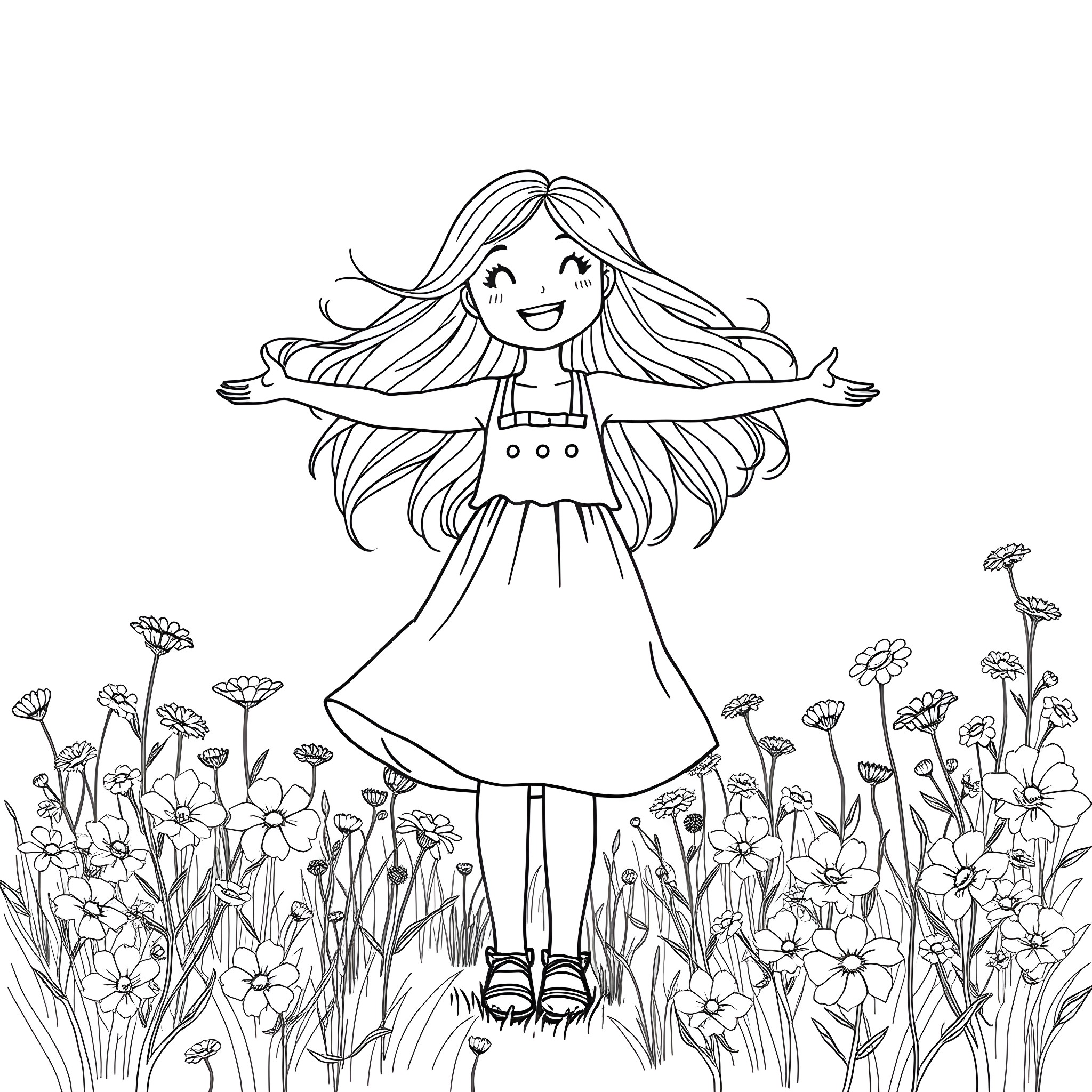 Girl in a meadow of flowers Coloring Page (free black-and-white line drawing printable PDF for all, from beginners to advanced learners, including children, teens, adults, and seniors)