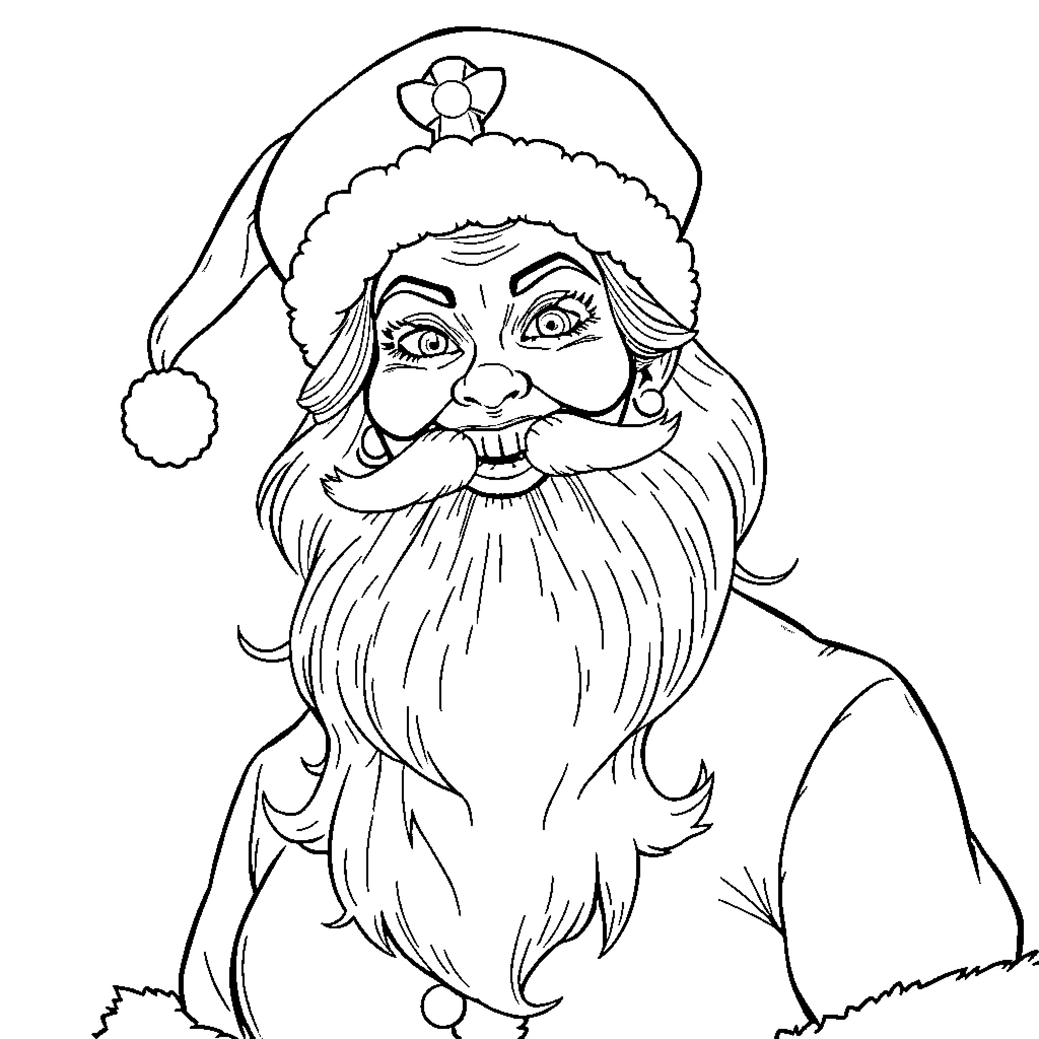 Nurse Santa Claus with a Jolly Expression Coloring Page (free black-and-white line drawing printable PDF for all, from beginners to advanced learners, including children, teens, adults, and seniors)