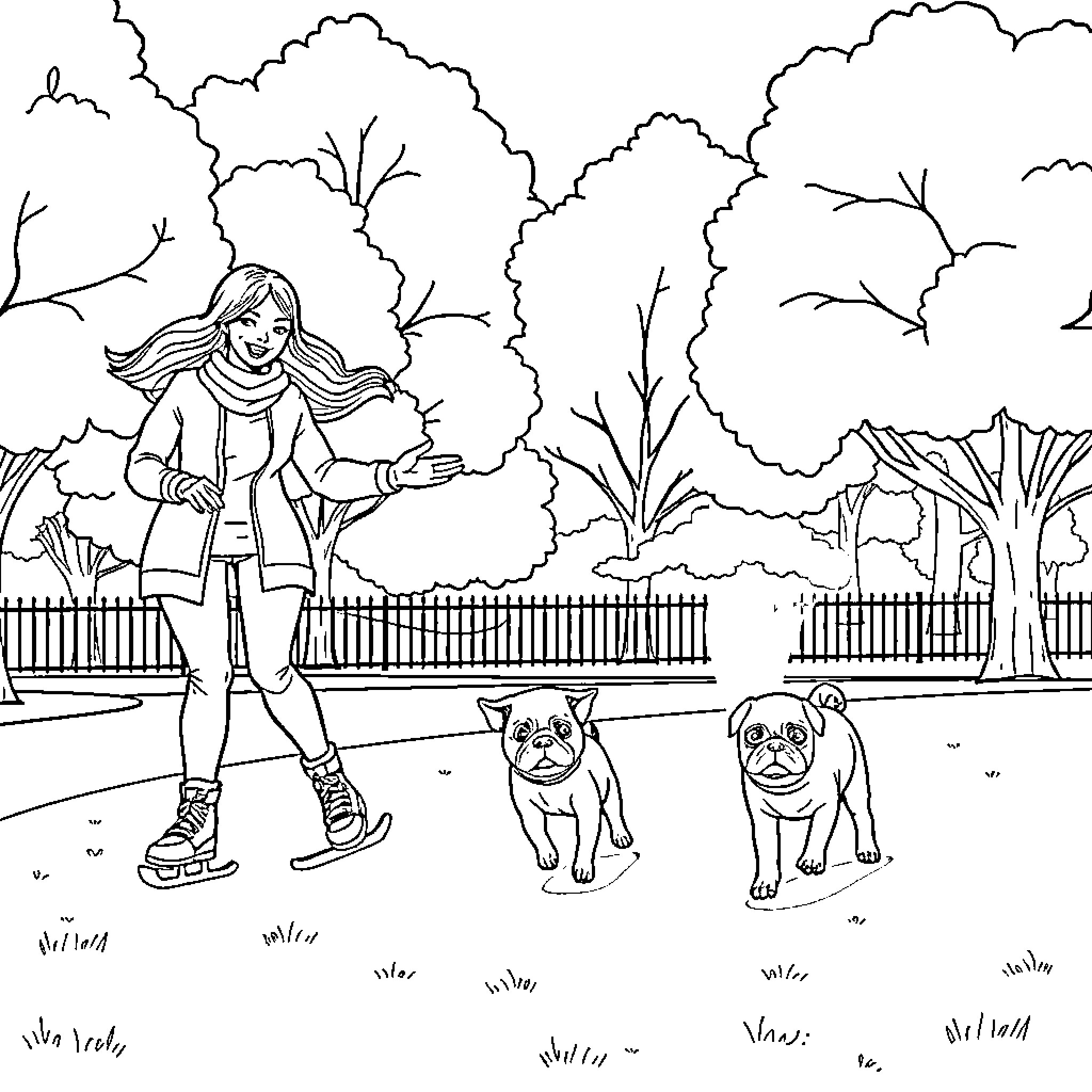 Pug pals out for a walk with their human Coloring Page (free black-and-white line drawing printable PDF for all, from beginners to advanced learners, including children, teens, adults, and seniors)