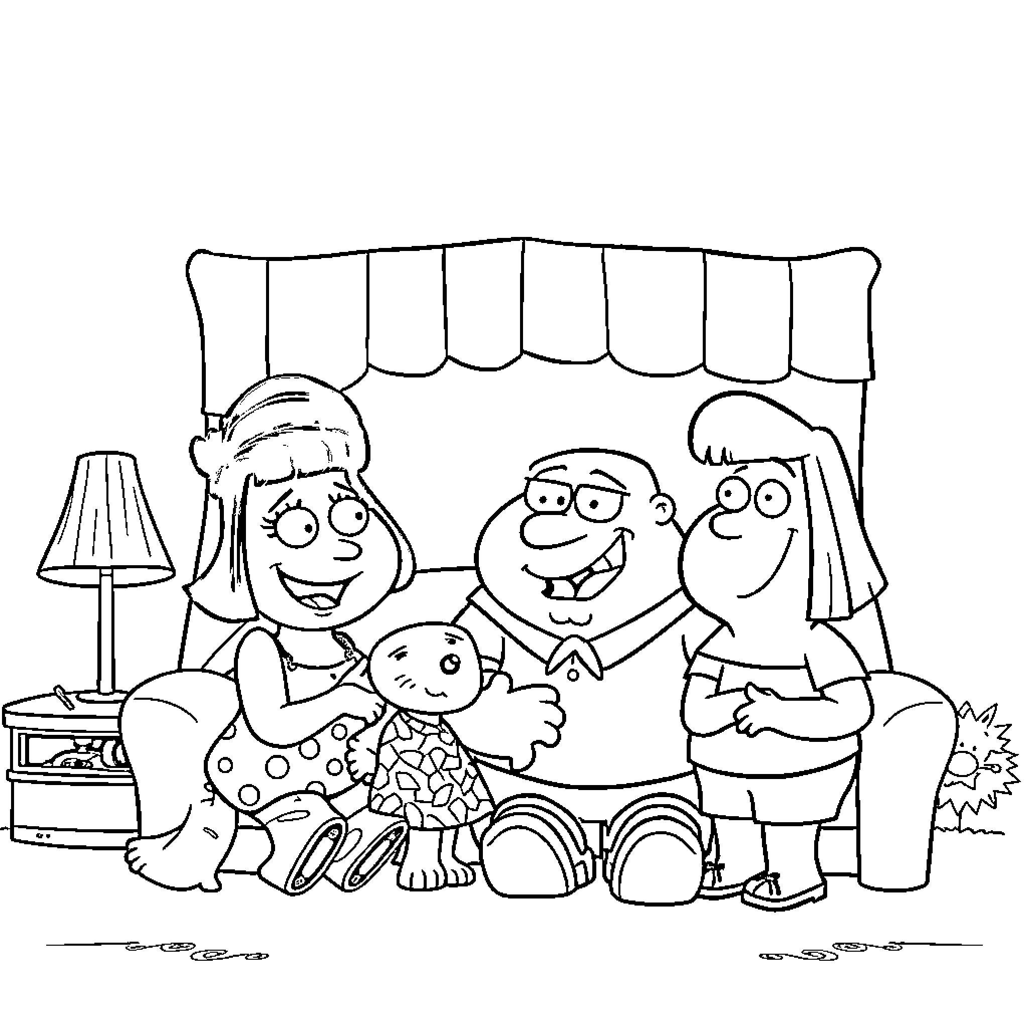 Family Guy Enjoying a Cozy Home Moment Coloring Page (free black-and-white line drawing printable PDF for all, from beginners to advanced learners, including children, teens, adults, and seniors)