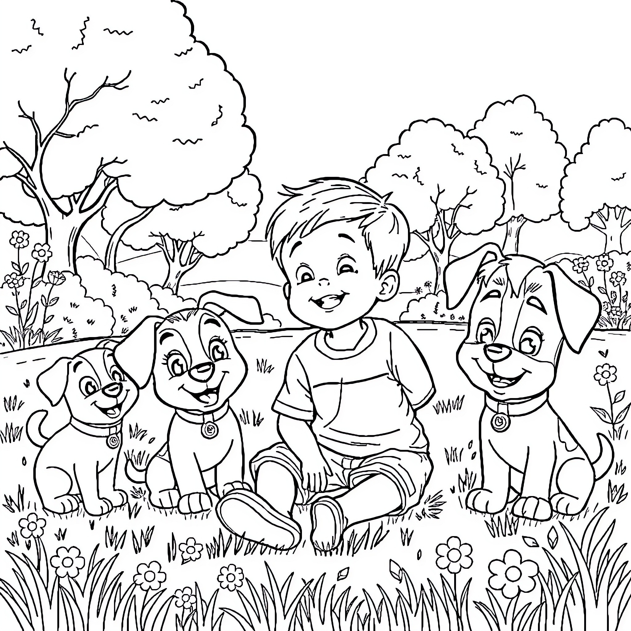 Boy playing with happy puppies in the park Coloring Page (free black-and-white line drawing printable PDF for all, from beginners to advanced learners, including children, teens, adults, and seniors)