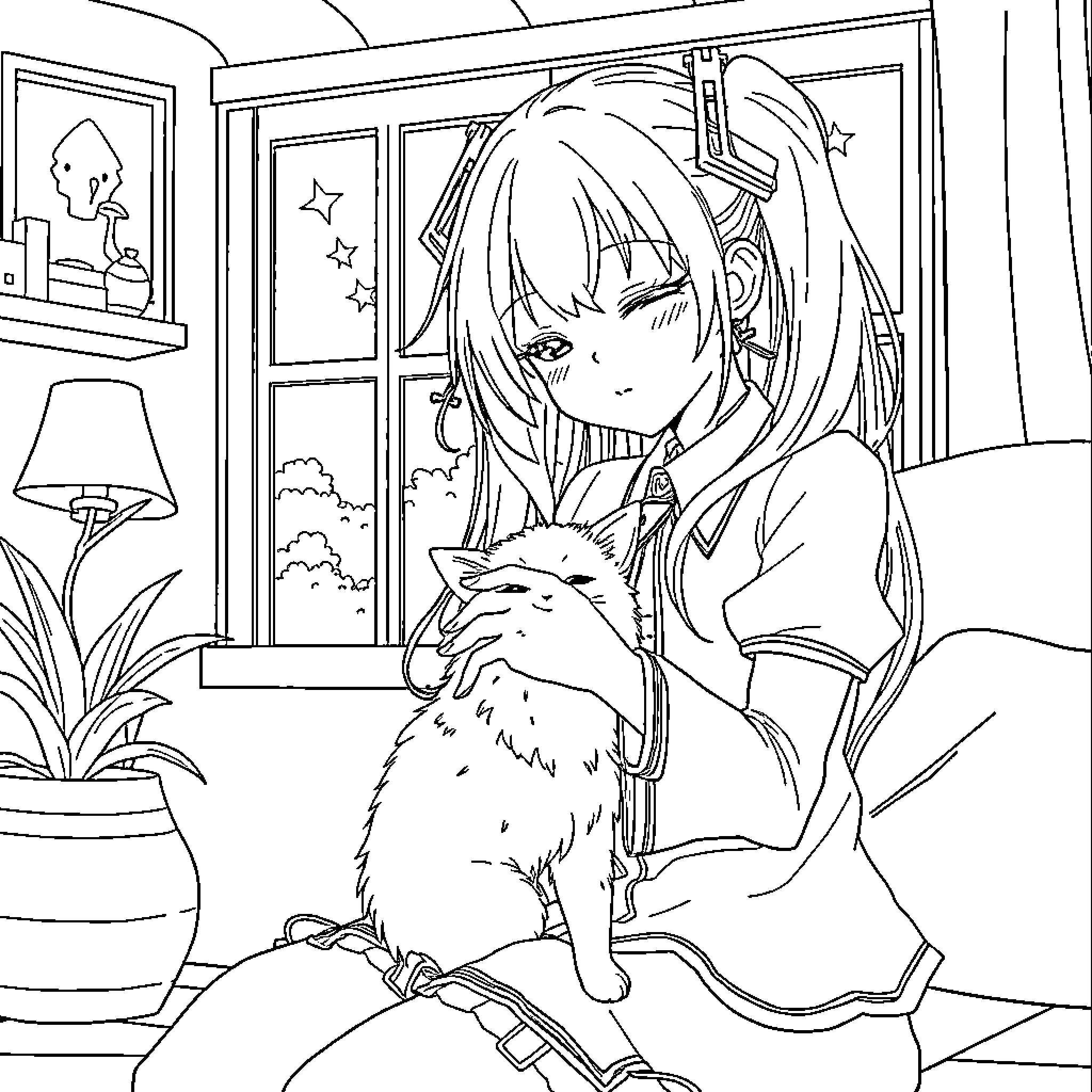 Hatsune Miku Relaxing with Pets in a Cozy Room Coloring Page (free black-and-white line drawing printable PDF for all, from beginners to advanced learners, including children, teens, adults, and seniors)