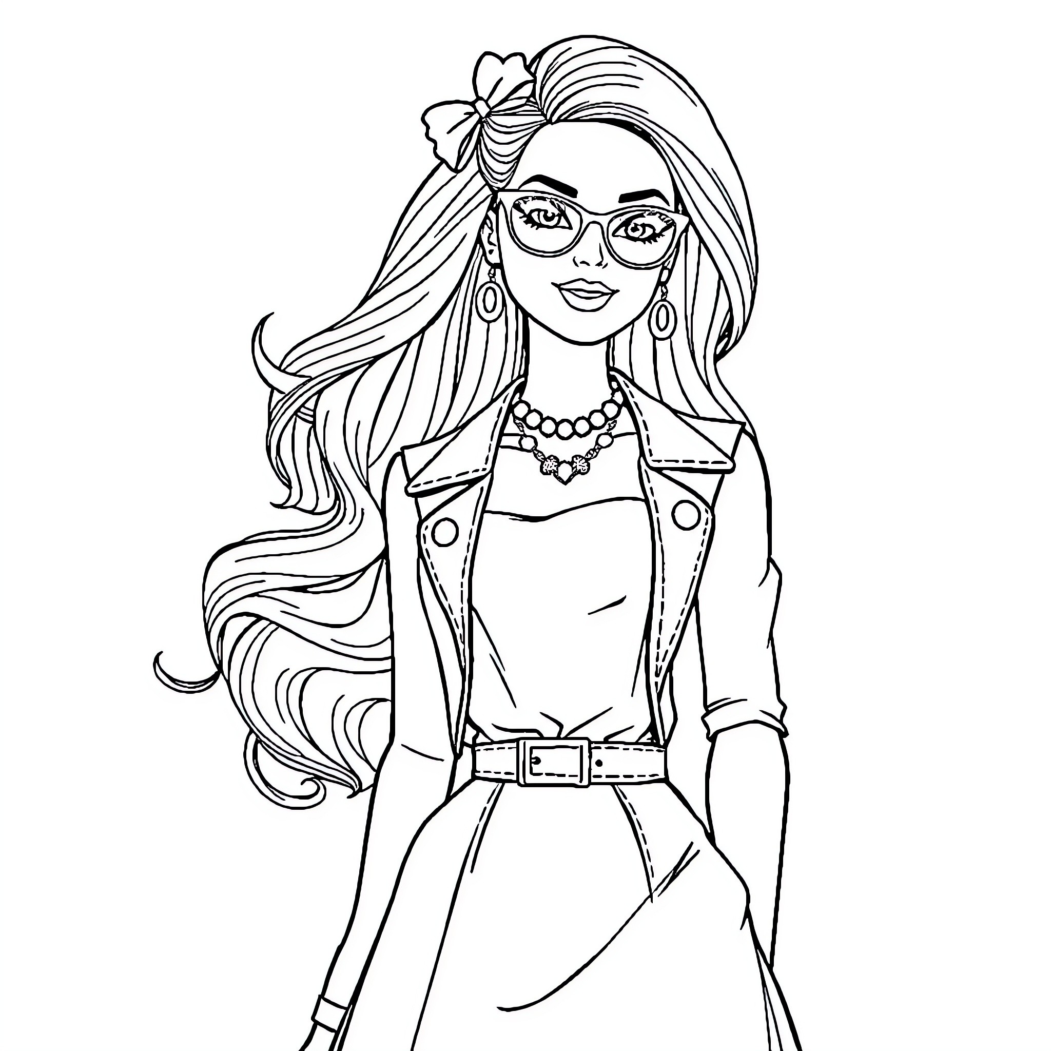 Barbie in stylish outfit and accessories Coloring Page (free black-and-white line drawing printable PDF for all, from beginners to advanced learners, including children, teens, adults, and seniors)