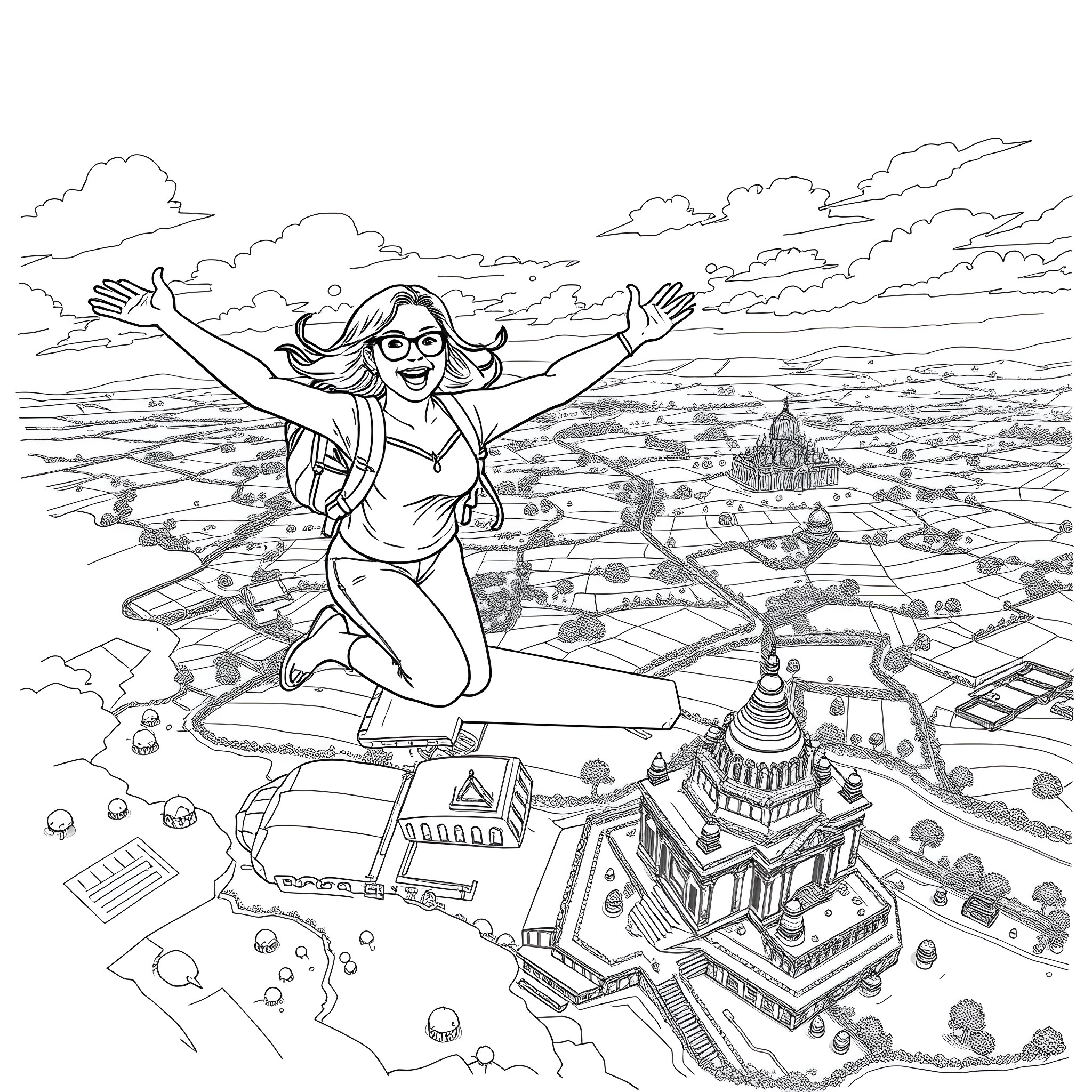Meg Griffin joyfully soaring over the city Coloring Page (free black-and-white line drawing printable PDF for all, from beginners to advanced learners, including children, teens, adults, and seniors)