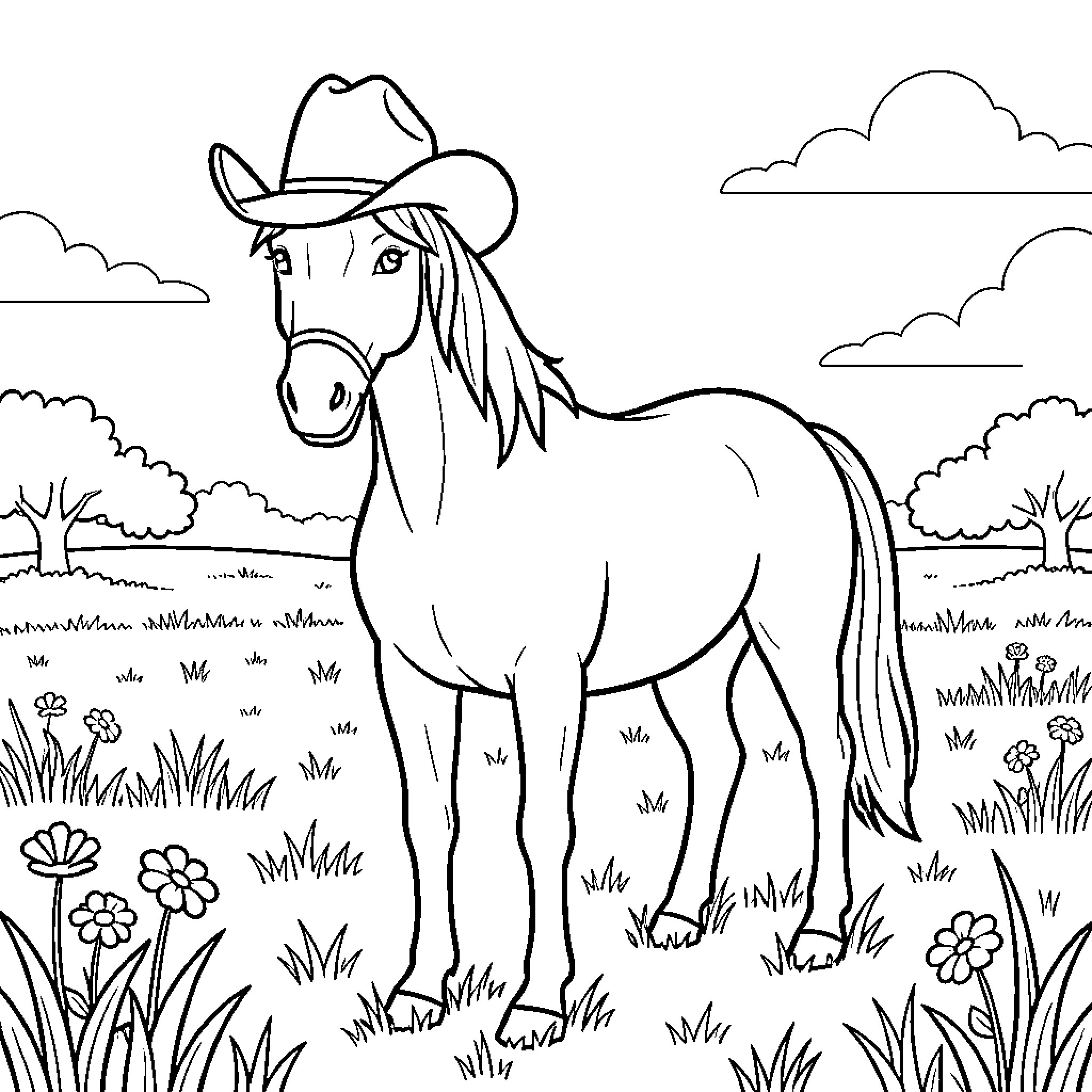 Horse wearing a cowboy hat in a meadow Coloring Page (free black-and-white line drawing printable PDF for all, from beginners to advanced learners, including children, teens, adults, and seniors)