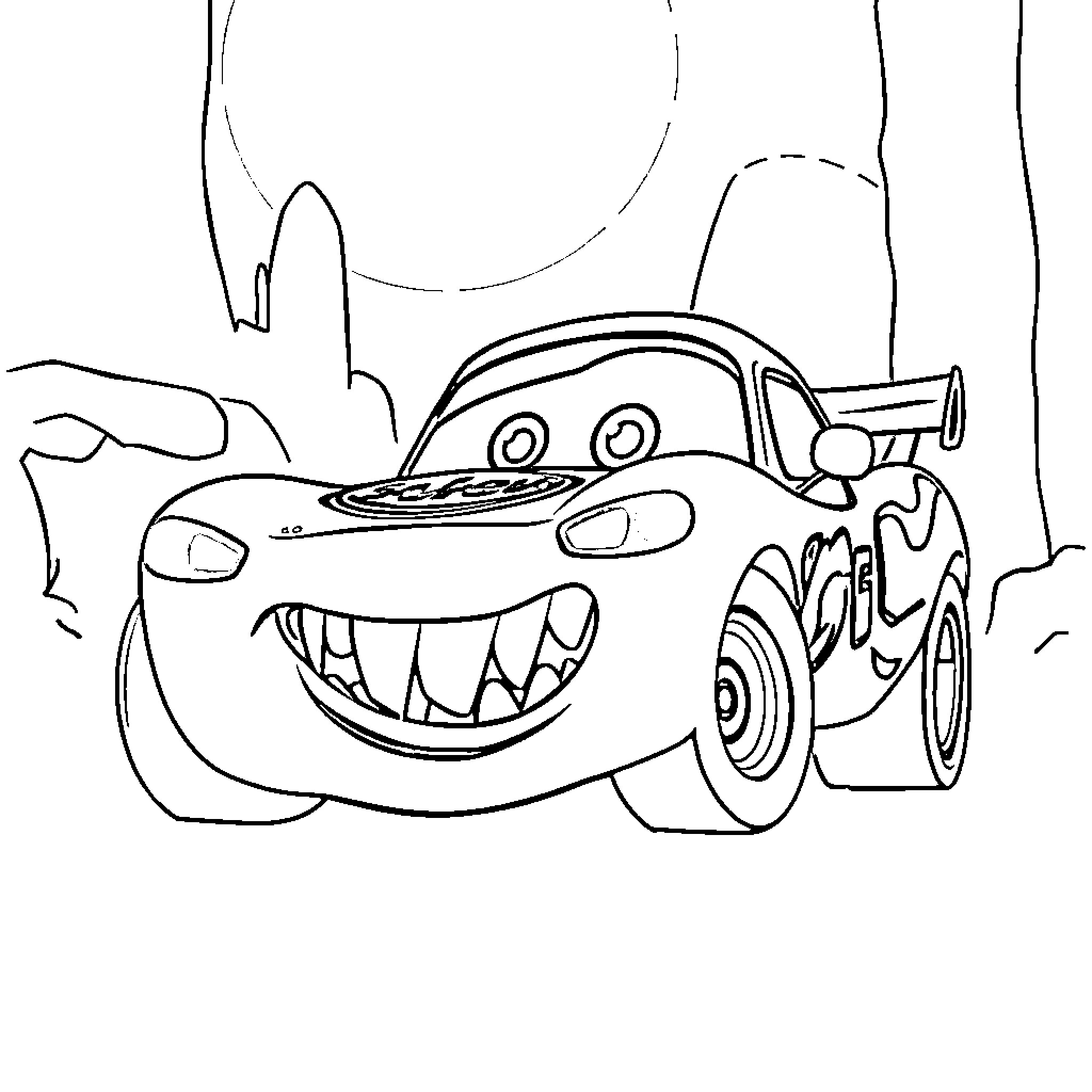 Mater's Friendly Grin in Cartoon Car Scene Coloring Page (free black-and-white line drawing printable PDF for all, from beginners to advanced learners, including children, teens, adults, and seniors)