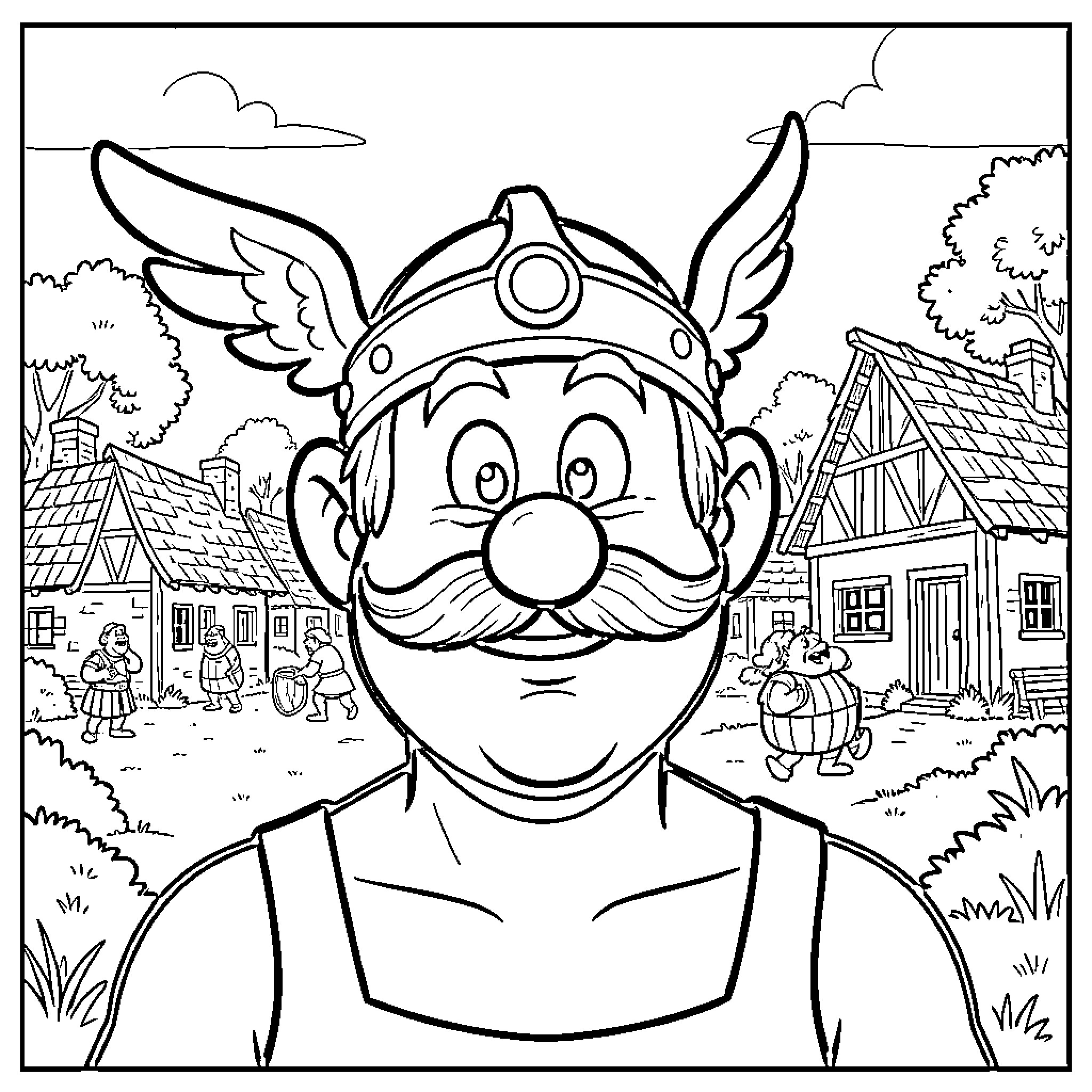 Character wearing a winged helmet smiling in a village Coloring Page (free black-and-white line drawing printable PDF for all, from beginners to advanced learners, including children, teens, adults, and seniors)