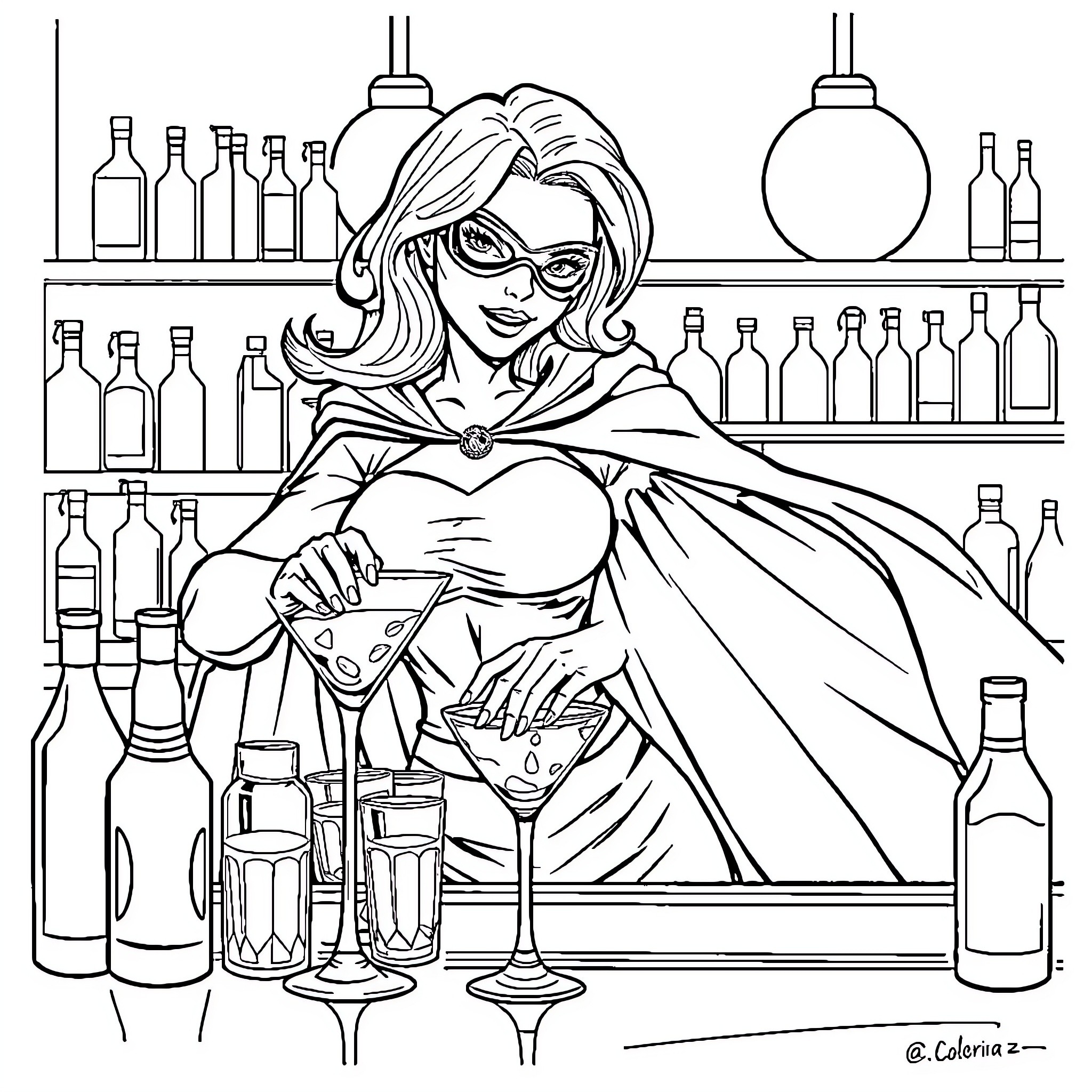 Bartender preparing cocktails behind bar counter Coloring Page (free black-and-white line drawing printable PDF for all, from beginners to advanced learners, including children, teens, adults, and seniors)
