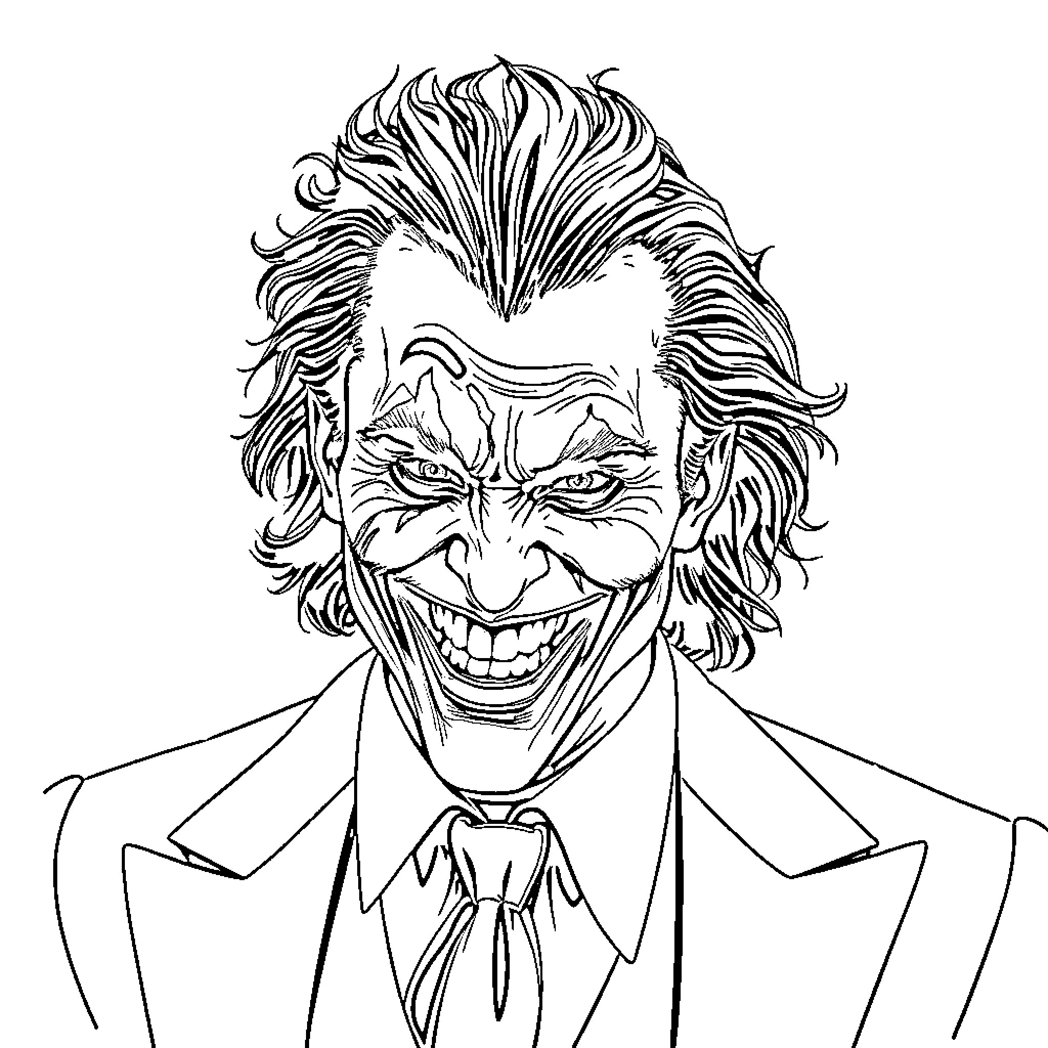 Joker's Menacing Expression and Iconic Hairstyle Coloring Page (free black-and-white line drawing printable PDF for all, from beginners to advanced learners, including children, teens, adults, and seniors)