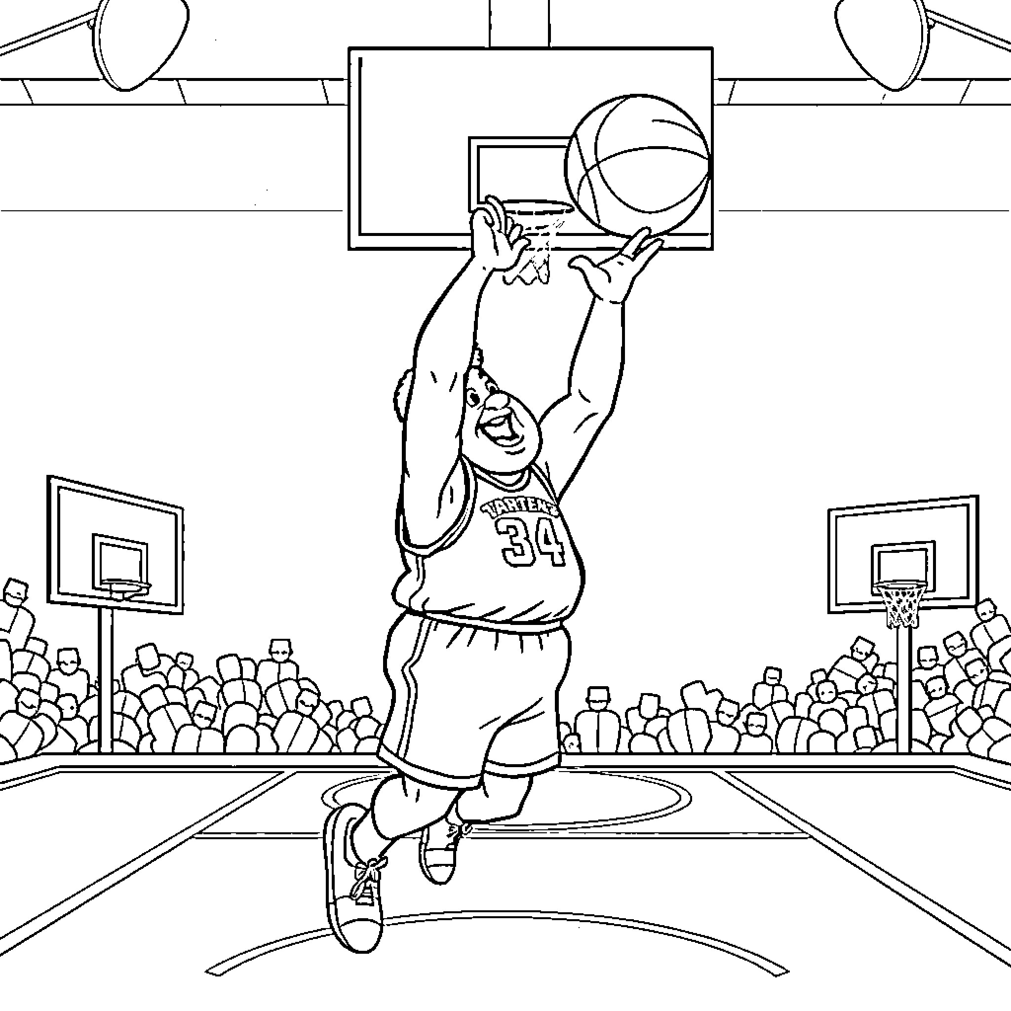 Fat Albert playing basketball on court Coloring Page (free black-and-white line drawing printable PDF for all, from beginners to advanced learners, including children, teens, adults, and seniors)