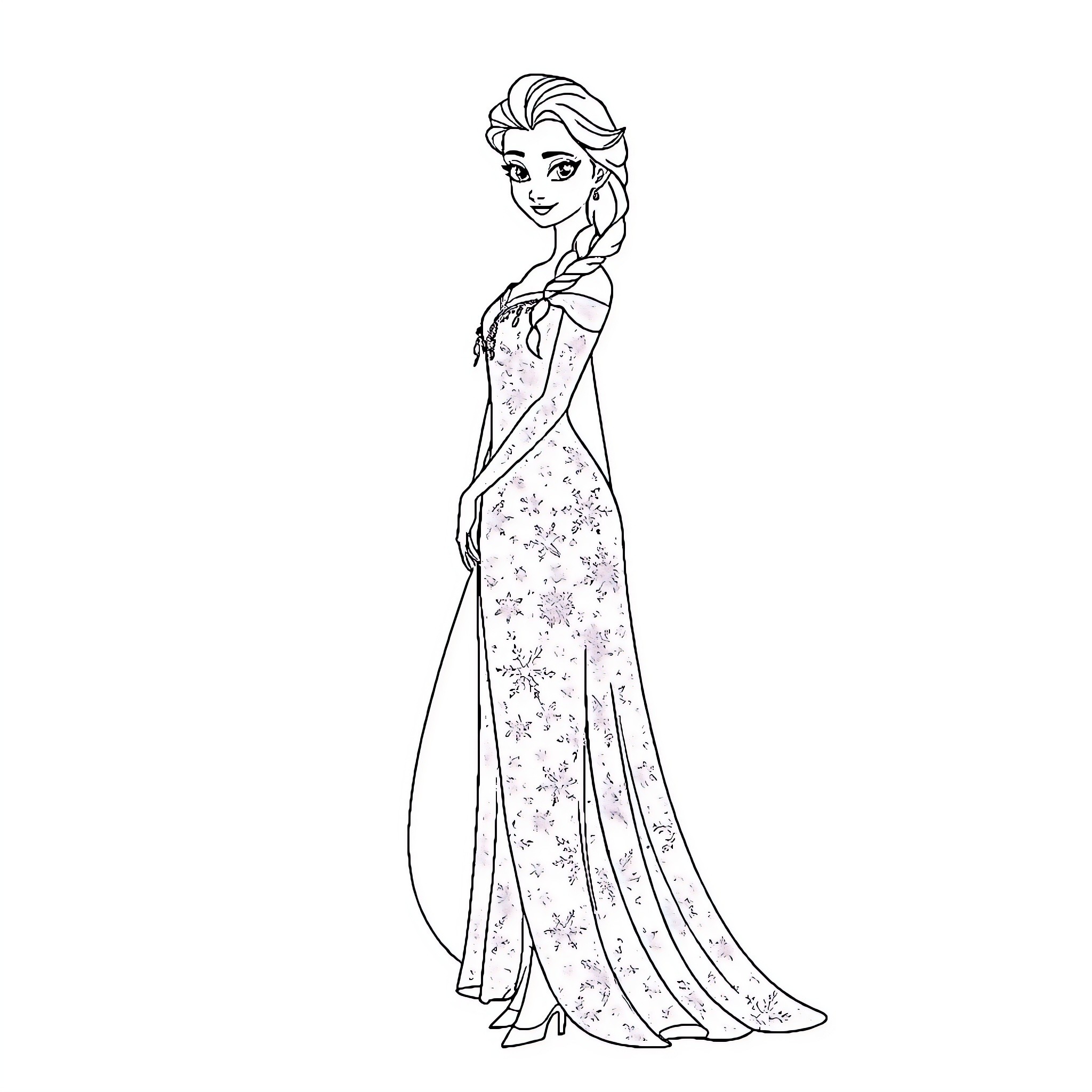 Elsa in elegant floral dress Coloring Page (free black-and-white line drawing printable PDF for all, from beginners to advanced learners, including children, teens, adults, and seniors)