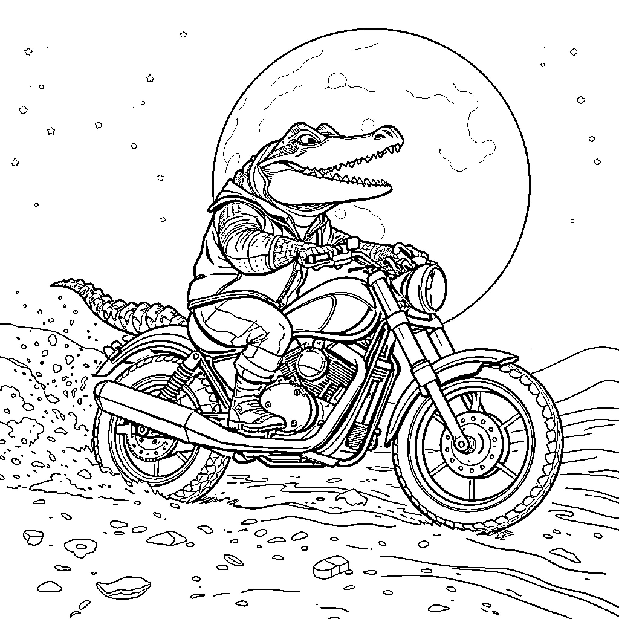 Alligator riding a motorcycle under the moonlight Coloring Page (free black-and-white line drawing printable PDF for all, from beginners to advanced learners, including children, teens, adults, and seniors)
