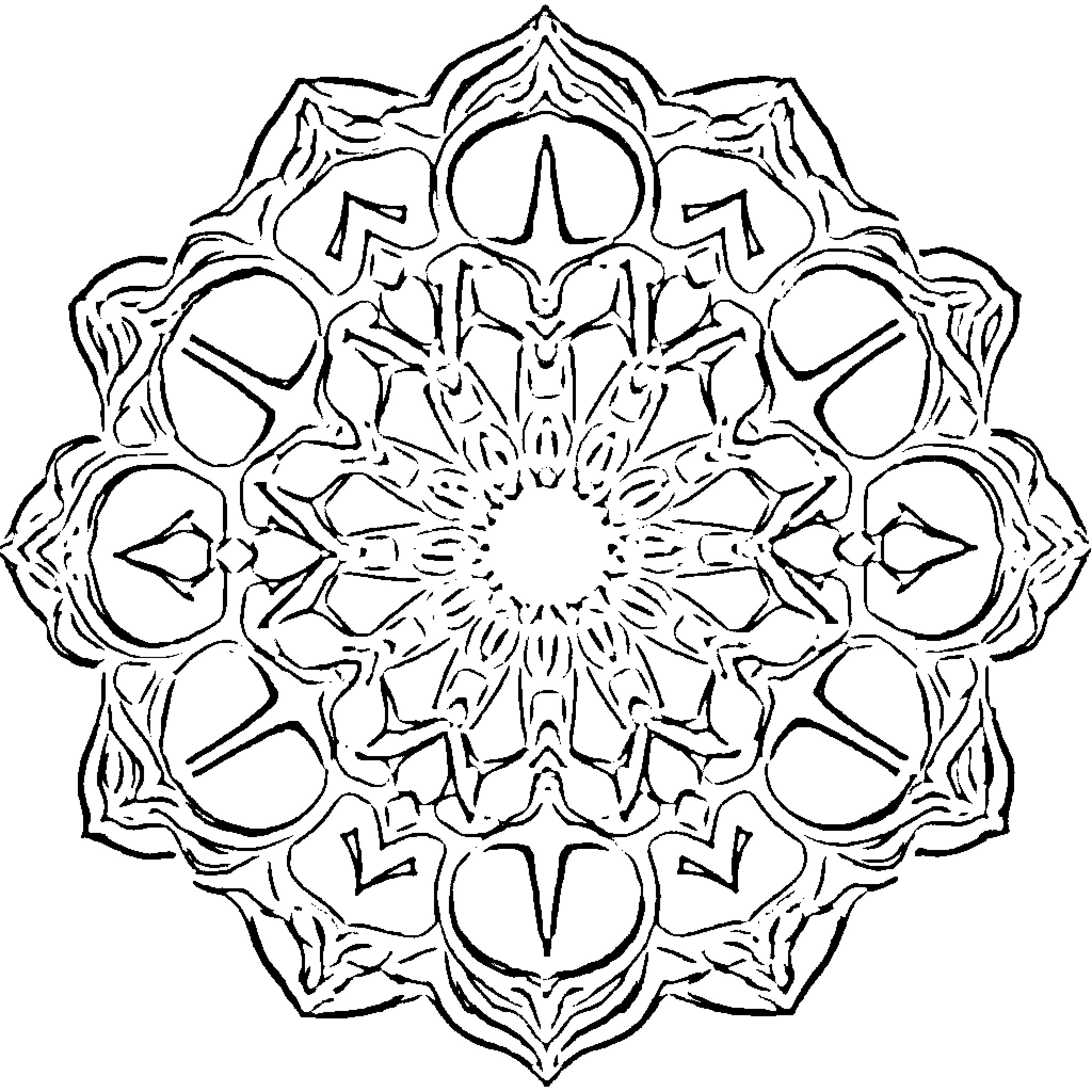 Mandala of intricate symmetrical patterns Coloring Page (free black-and-white line drawing printable PDF for all, from beginners to advanced learners, including children, teens, adults, and seniors)