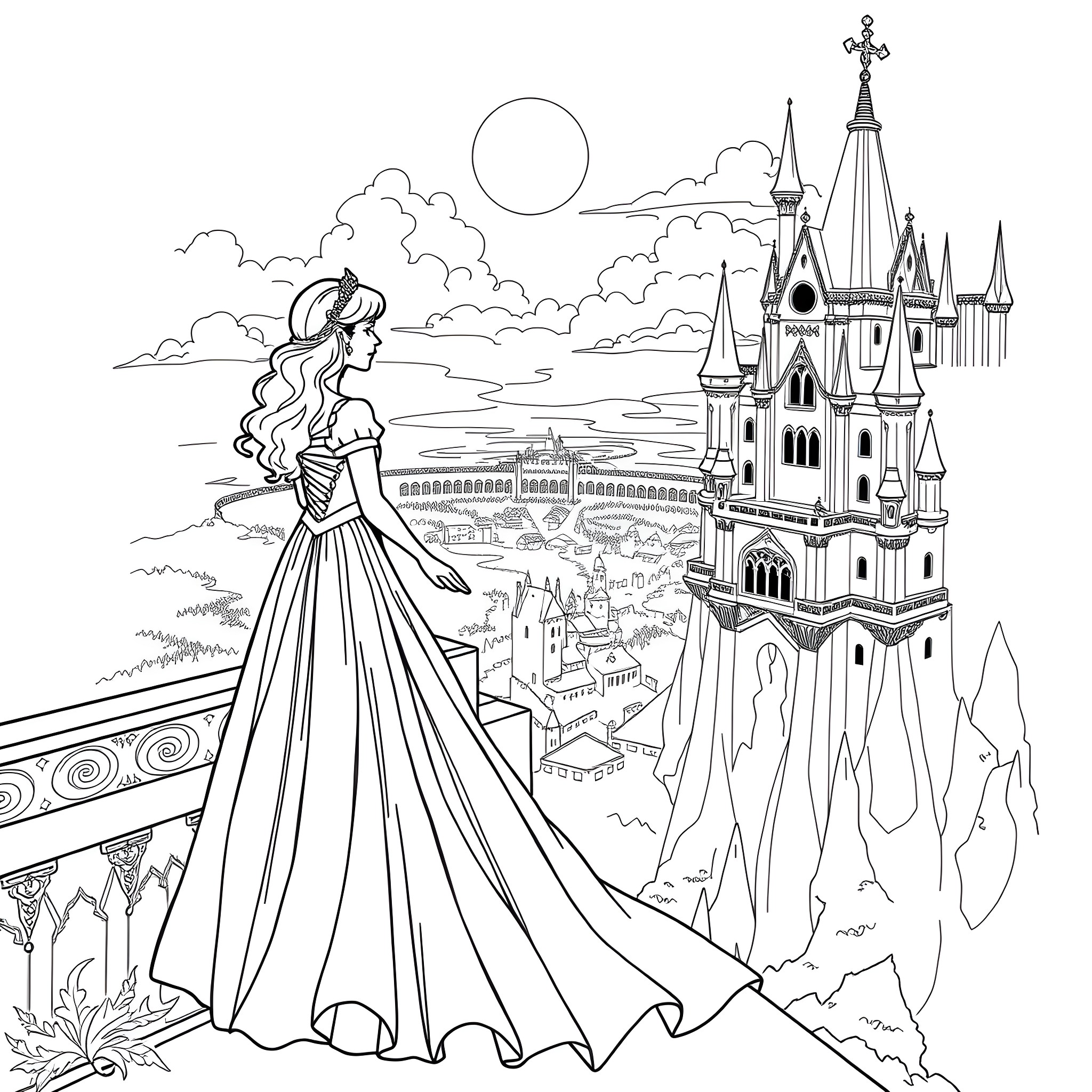 Princess admiring the castle and landscape Coloring Page (free black-and-white line drawing printable PDF for all, from beginners to advanced learners, including children, teens, adults, and seniors)