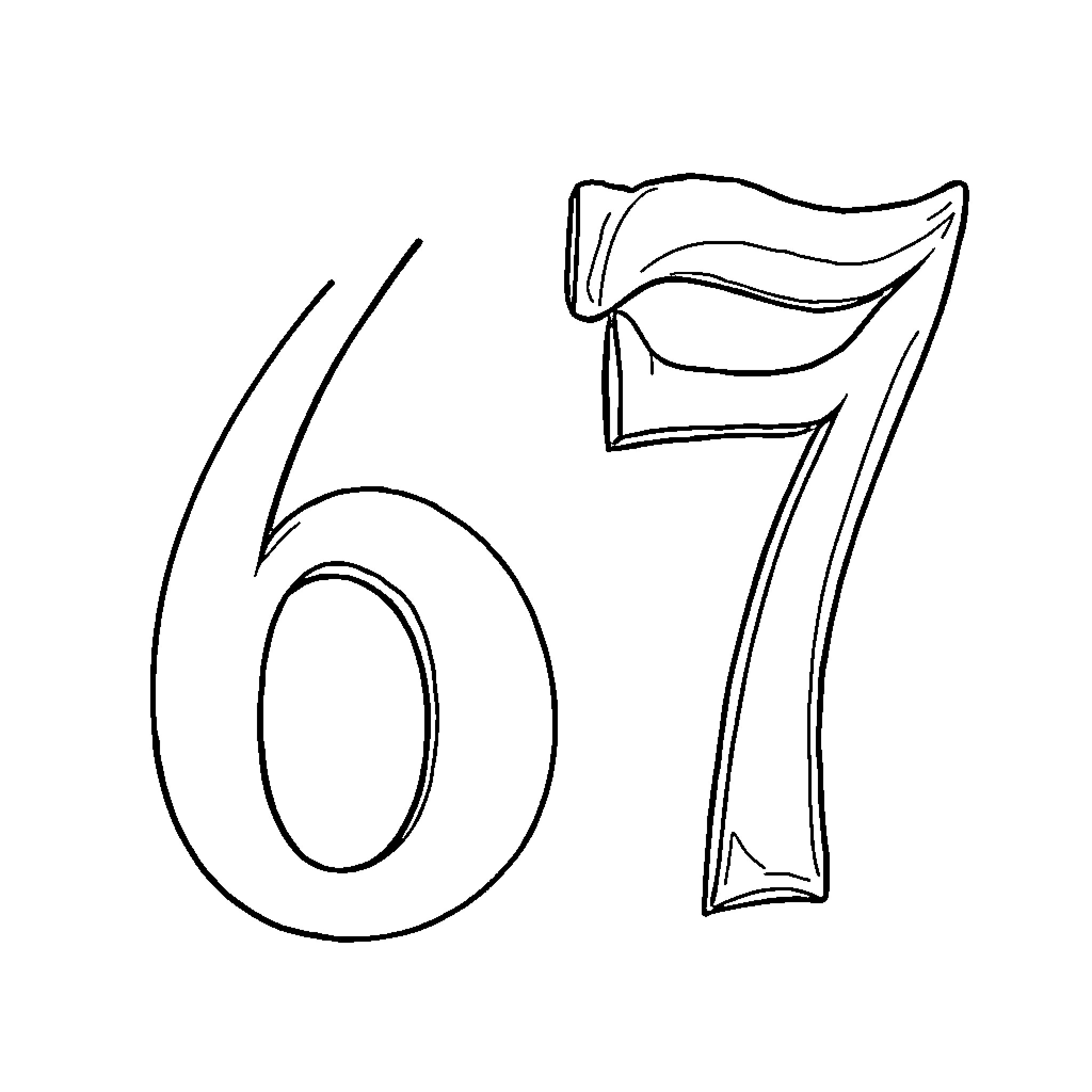 Number 67 outlined with wavy lines Coloring Page (free black-and-white line drawing printable PDF for all, from beginners to advanced learners, including children, teens, adults, and seniors)