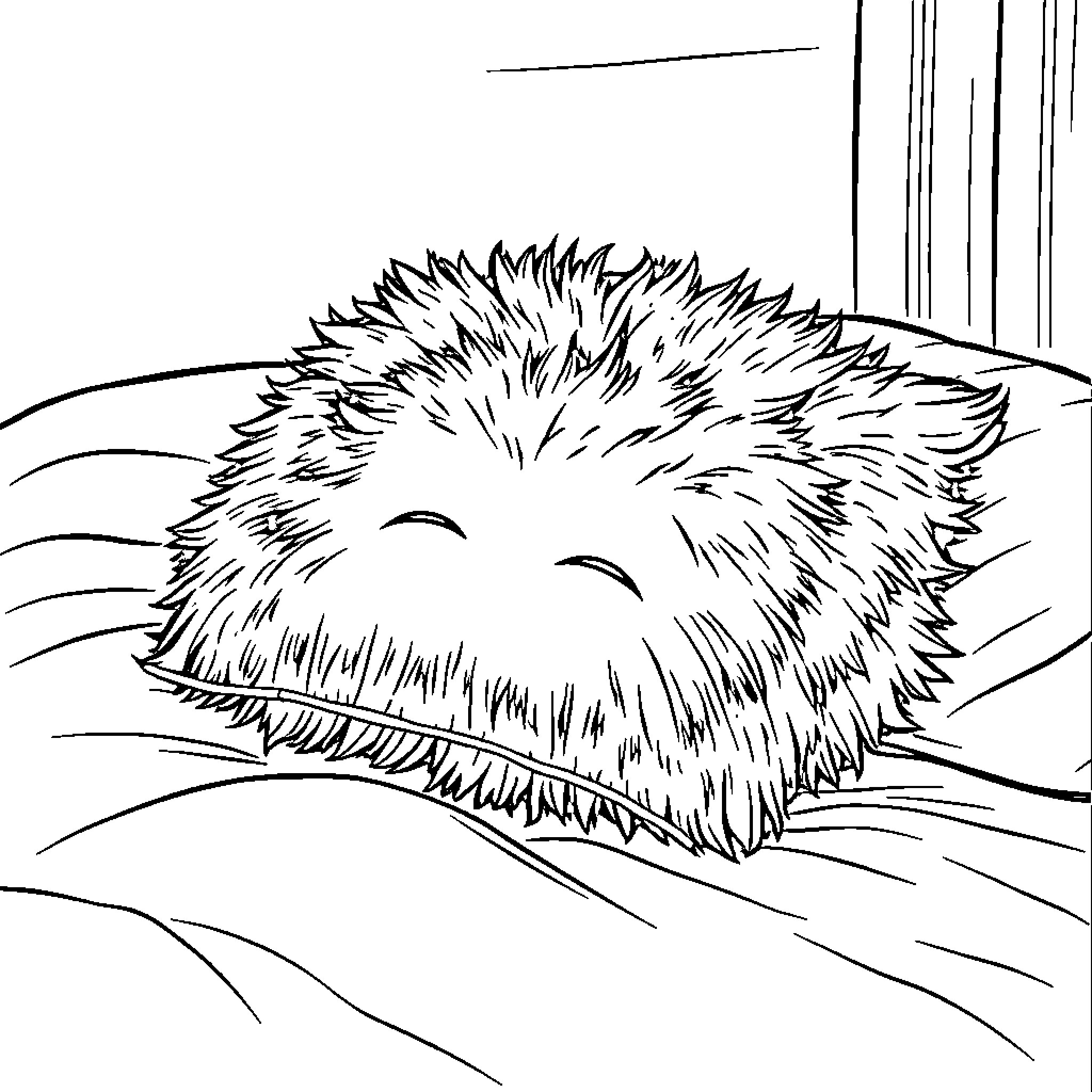 Pillow Time for Fuzzy Friend Coloring Page (free black-and-white line drawing printable PDF for all, from beginners to advanced learners, including children, teens, adults, and seniors)
